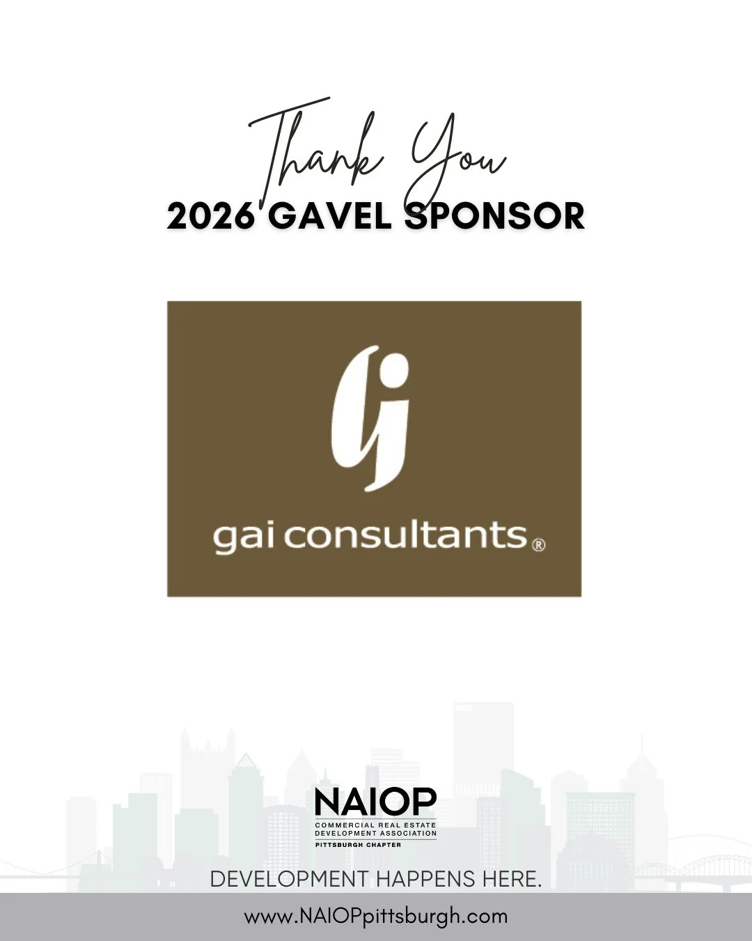 Thank you to GAI Consultants for your support of NAIOP Pittsburgh. By choosing to invest as a 2026 NAIOP Pittsburgh Gavel Sponsor, you are investing in #CREpgh.⁠
⁠
Together, we can work to ensure Pittsburgh is a place where "Development Happens 