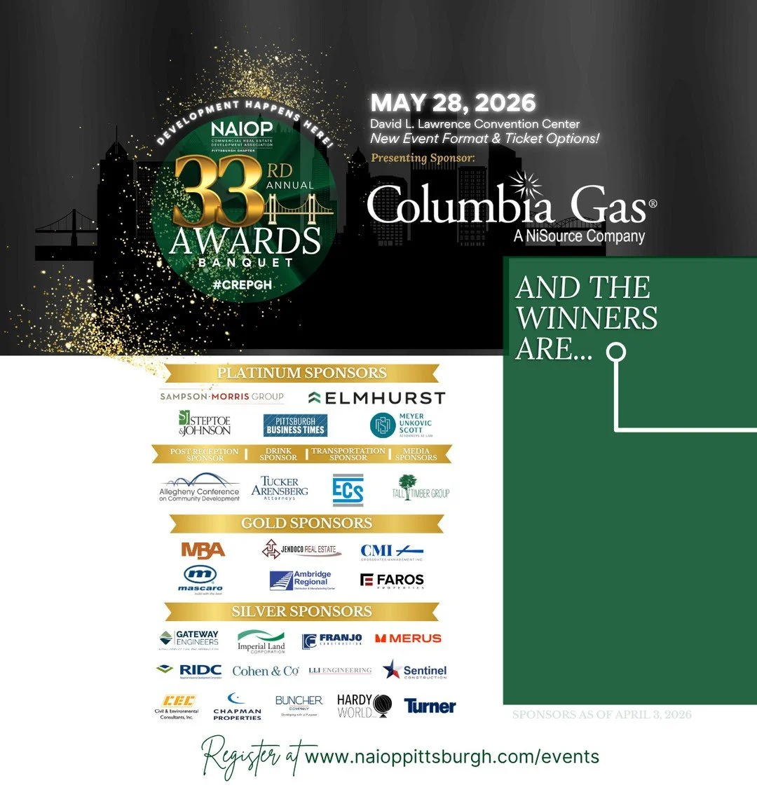 Ticket sales are open for our 33rd Annual NAIOP Pittsburgh Awards Banquet on May 28, 2026. Register before we sell out:⁠
https://www.naioppittsburgh.com/events/2026/awardsbanquet⁠
⁠
AND THE WINNERS ARE...⁠
🏆️ Lifetime Achievement: Michael Morris, Sa