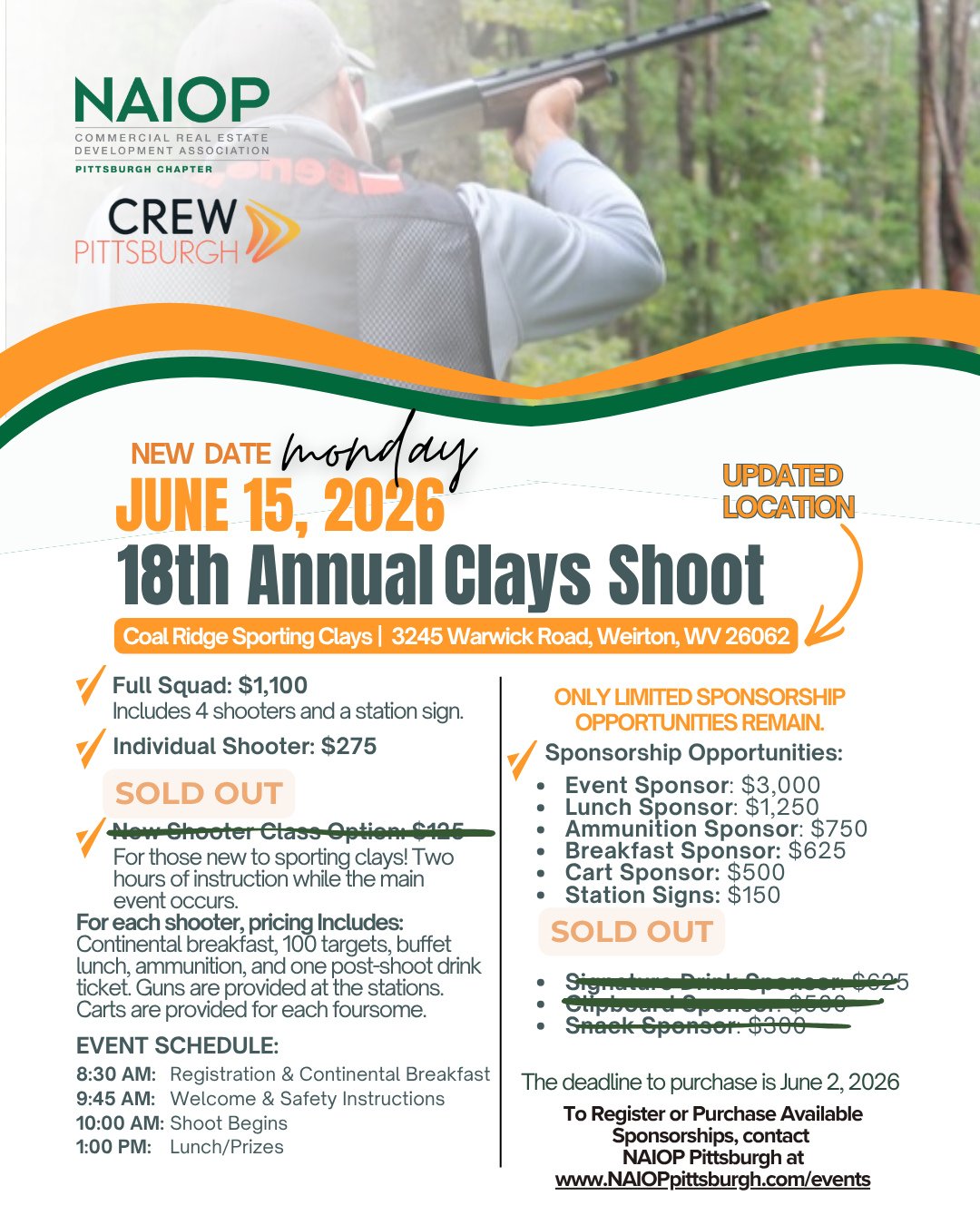 Since we've moved locations for our June 15th NAIOP-CREW Clays Shoot, we were able to add more squad opportunities. We have LESS THAN TEN squads remaining for purchase! ⁠
⁠
Get yours today: link in profile.⁠
Our 2026 NAIOP-CREW Clay Shoot is now bein