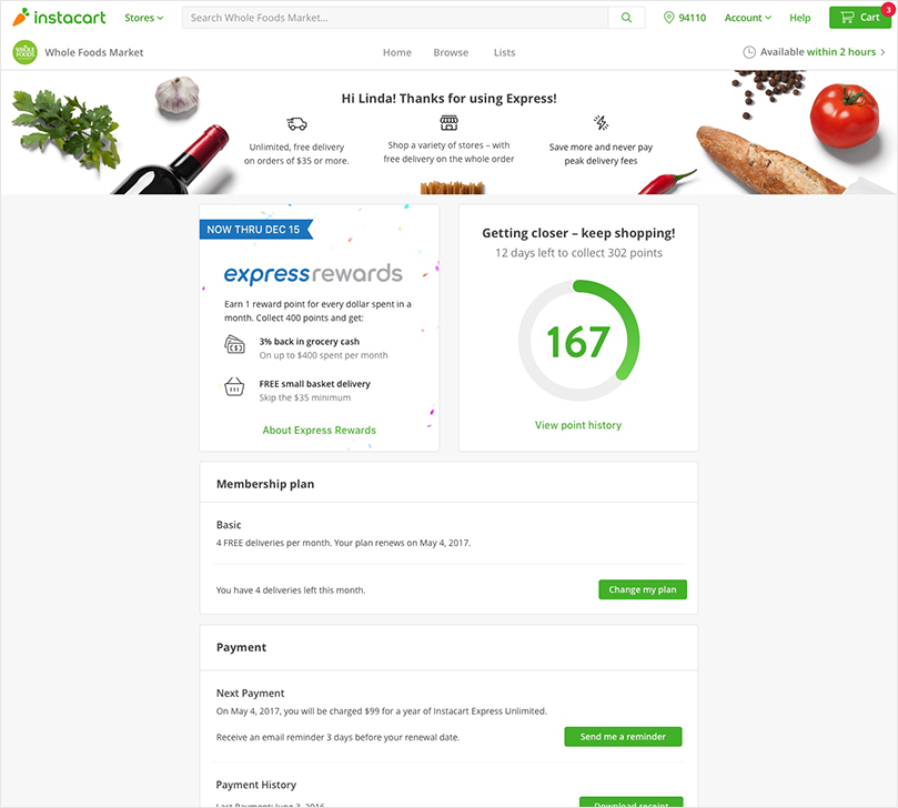 Express Rewards dashboard