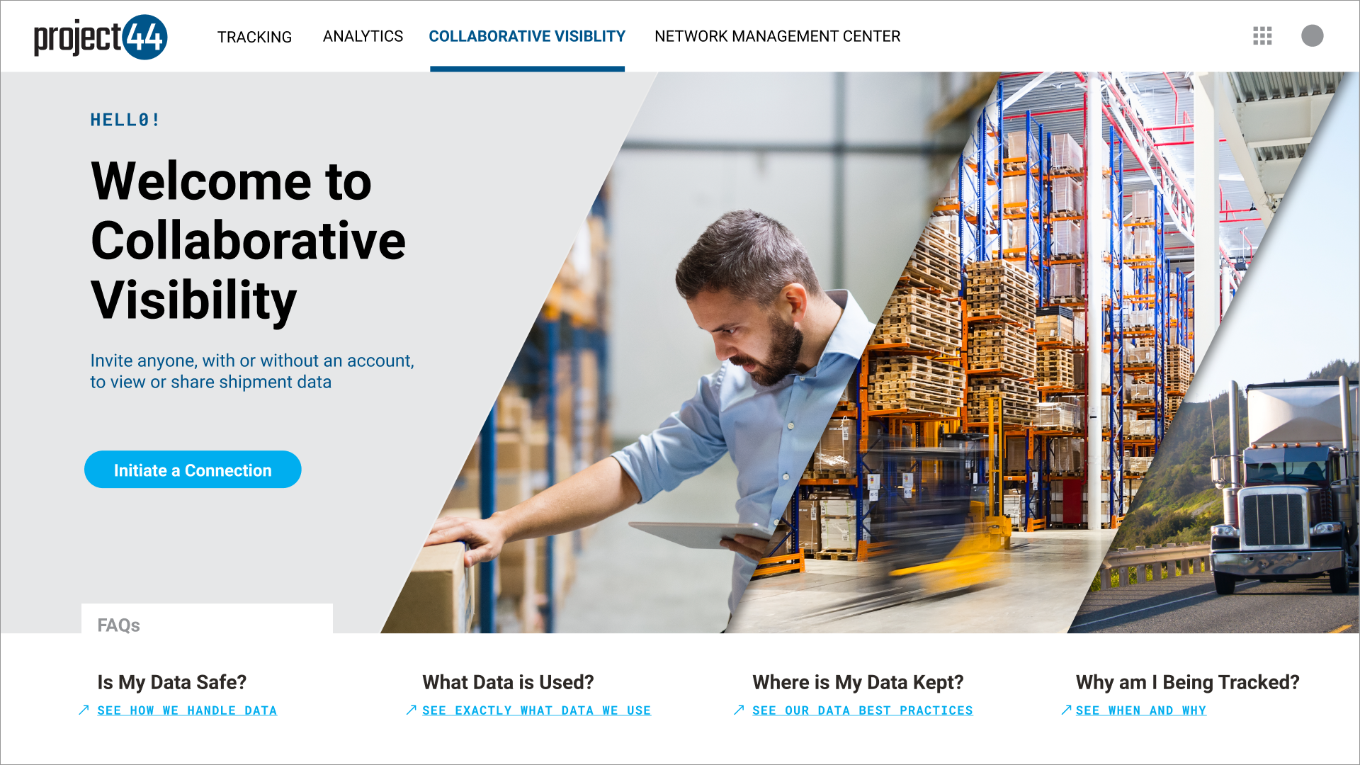 Landing page presented at FreightWaves 2019 as part of our Collaborative Visibility demo.