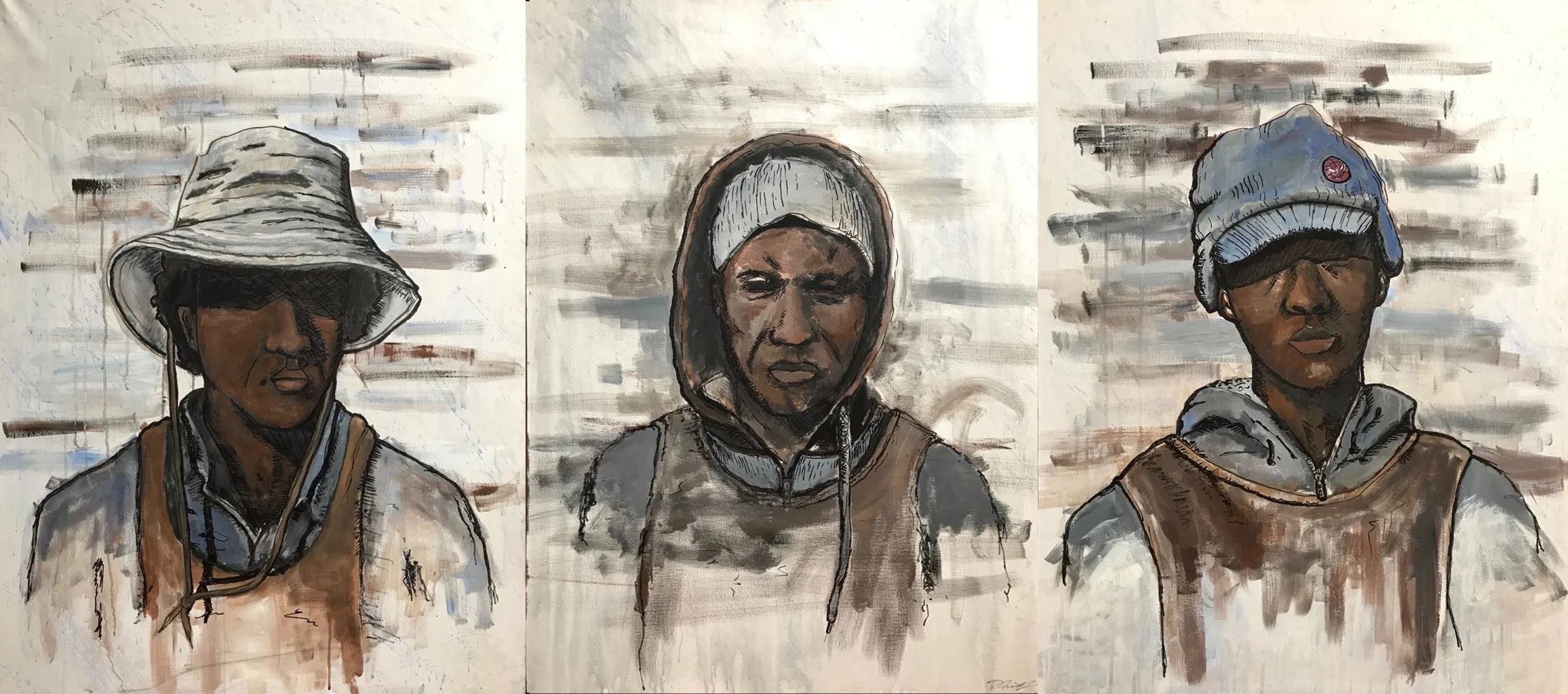  This triptych was created with the goal of capturing the human condition within an artwork, that is to say, create humanity through marks and traces. All three of these subjects are car-guards, people that are essentially ignored in South African so