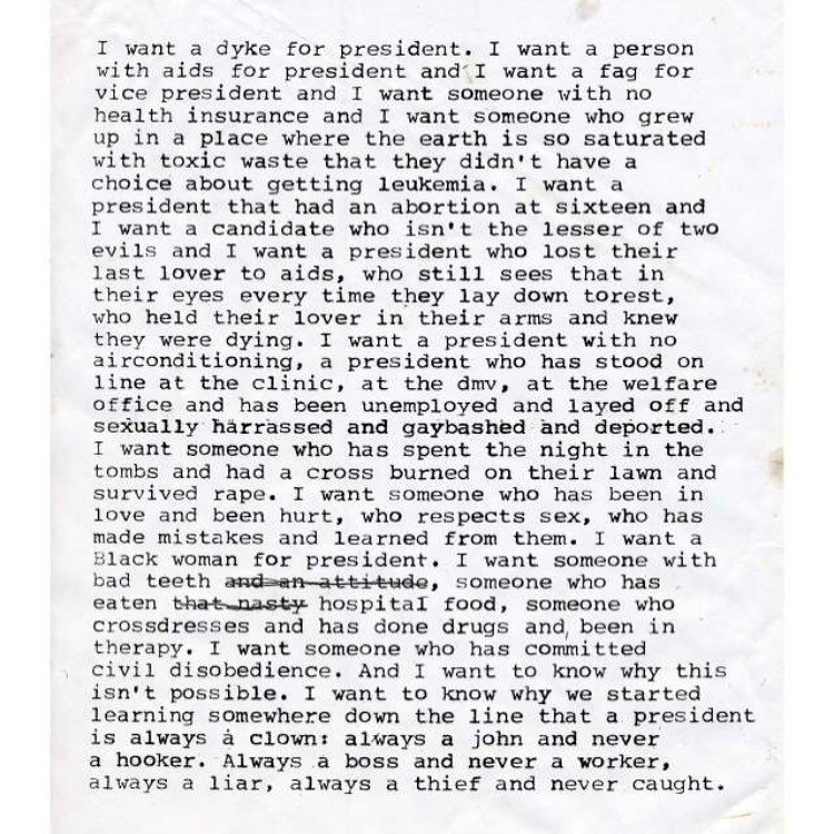 This year I&rsquo;ve found myself frequently thinking about this print from Zoe Leonard done in 1992.

In sharing this, I&rsquo;m not trying to make us feel disillusioned about politics, I want inspire a place where leadership represents holding ever