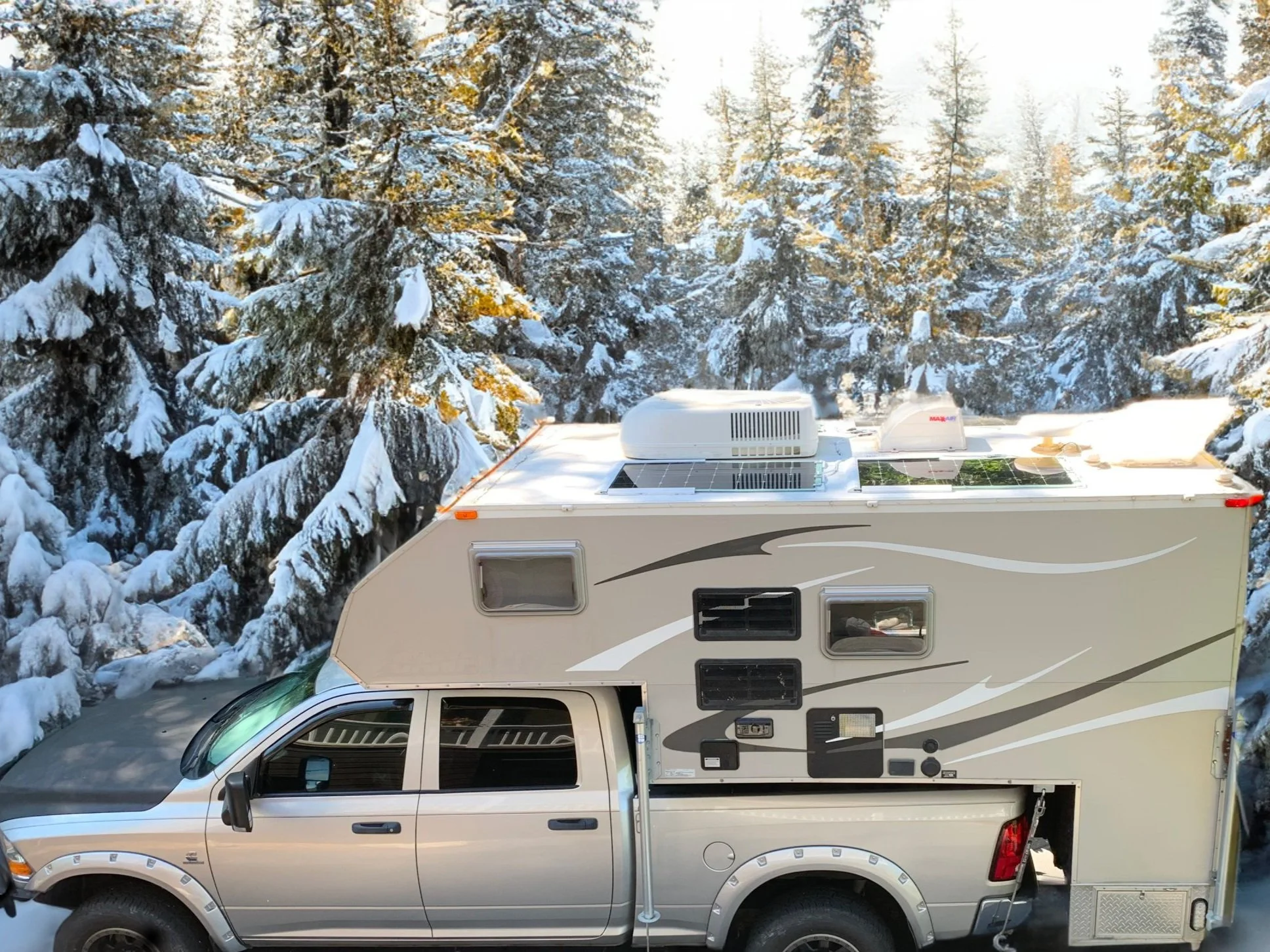 Flexible solar panel mounts for camper van or RV.