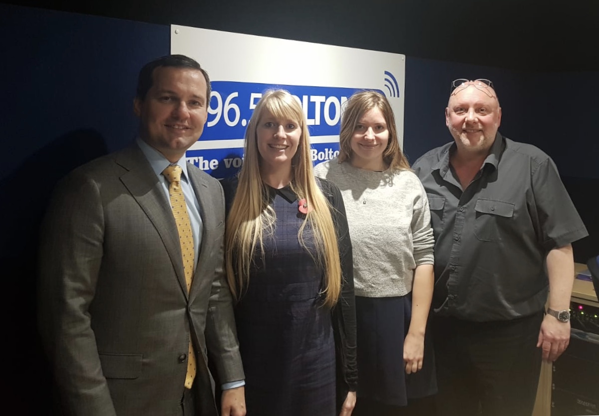 Left to right: Chris Green MP, Joy Helliwell, Harriet Andrews and Neil Wilkinson of Bolton FM