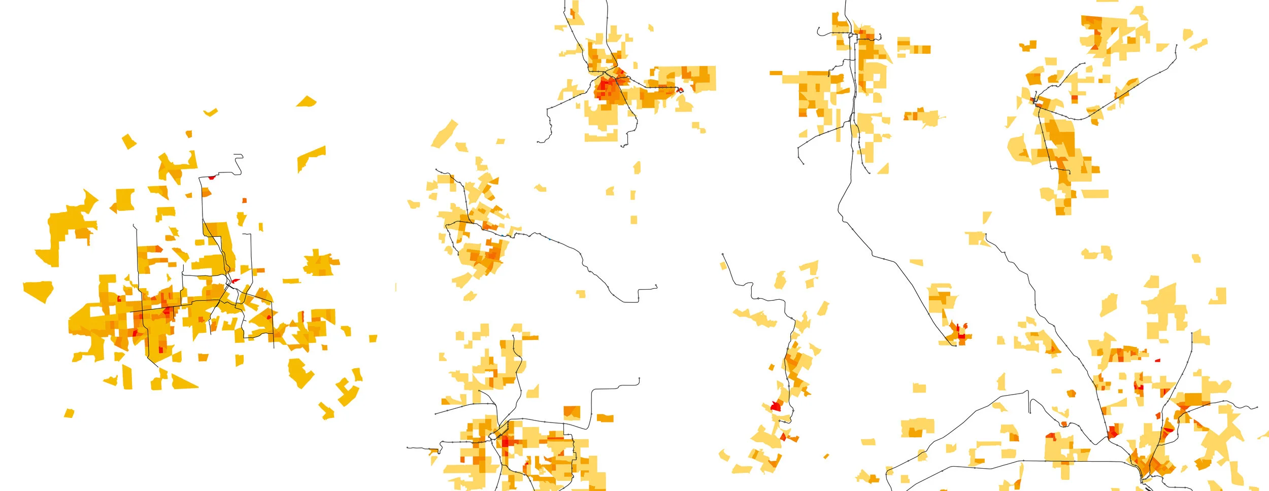 Rail and BRT lines on population density: METRONext plan (left). St. Louis, Denver, Twin Cities, Salt Lake City, Sacramento, Dallas.