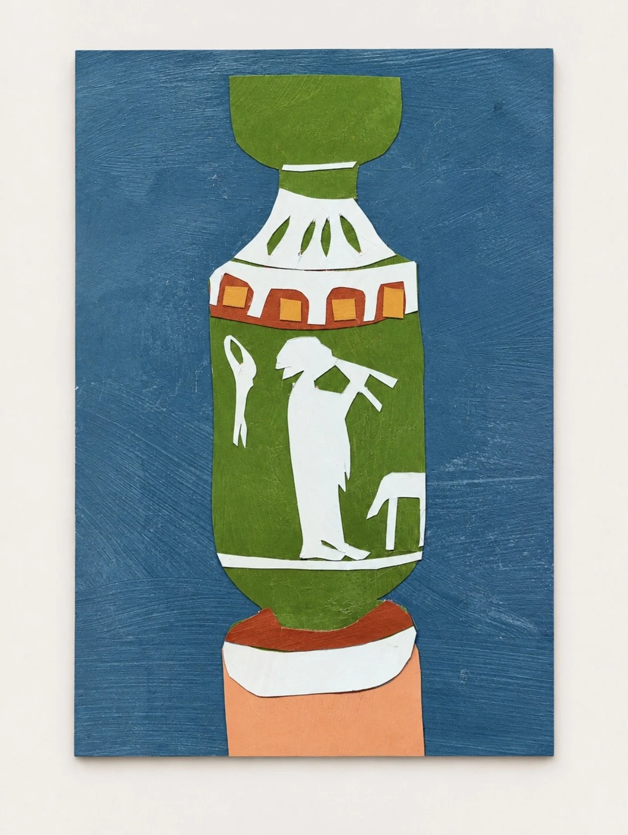 Looking at a Greek lekythos. 
Painted paper collage, 4 × 6 in