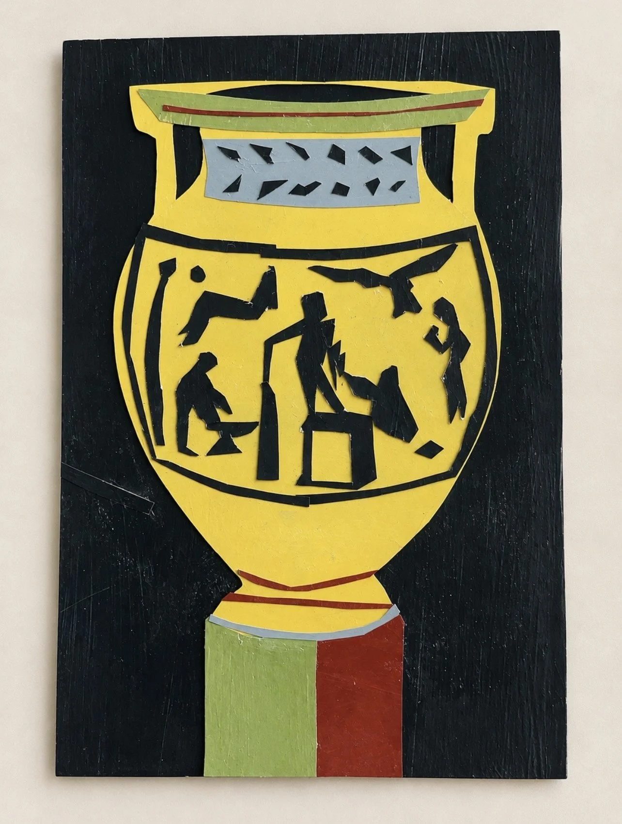 Looking at a terracotta column-krater.
Painted paper collage, 4 × 6 in