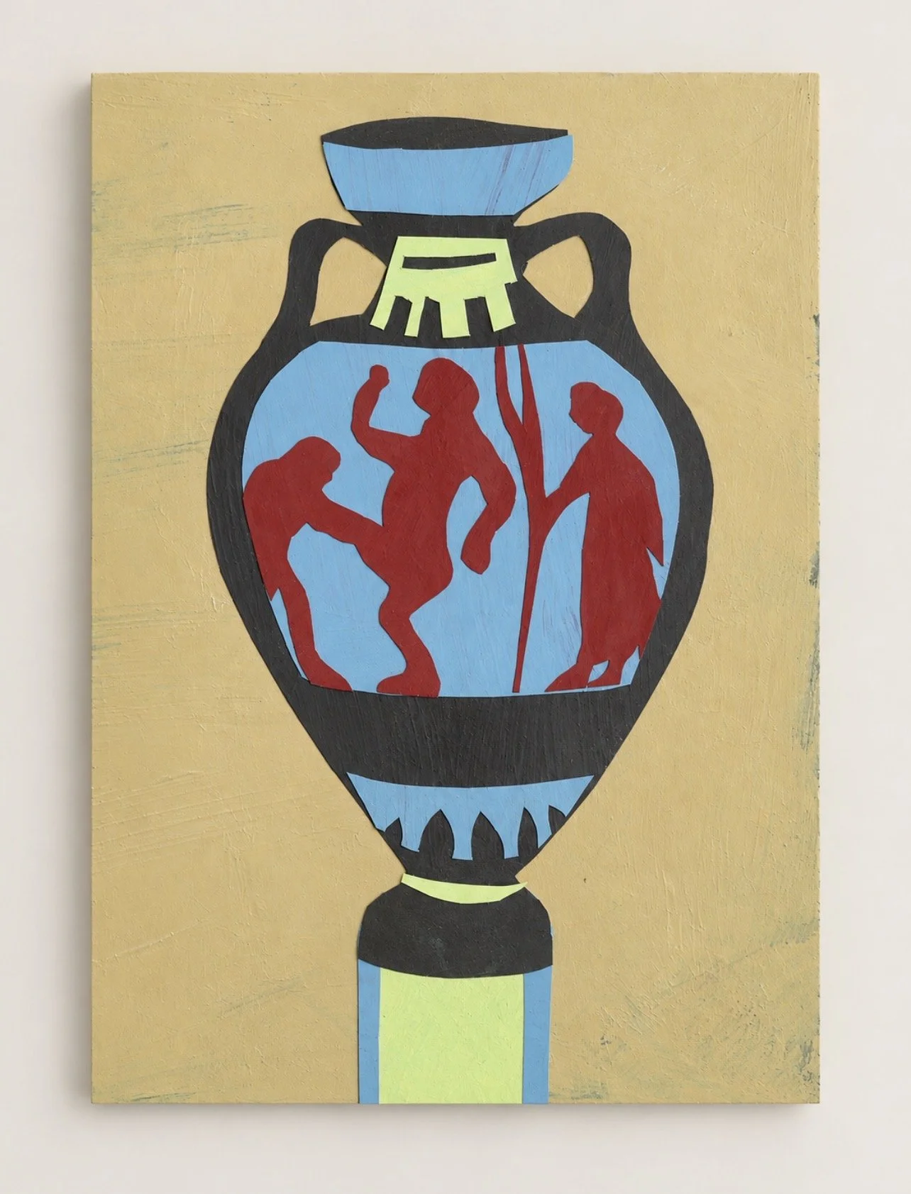 Looking at a Panathenaic prize amphora.
Painted paper collage, 4 × 6 in