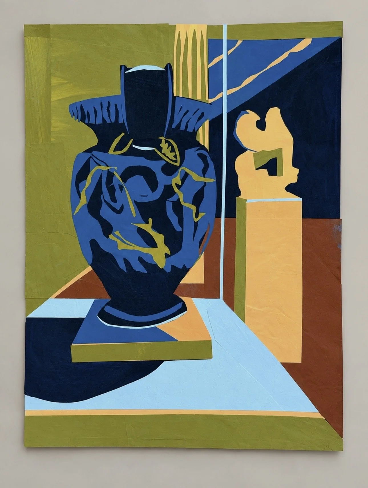 Gallery 153 at The Met, and a terracotta volute-krater. 
Painted paper collage, 9 × 12 in