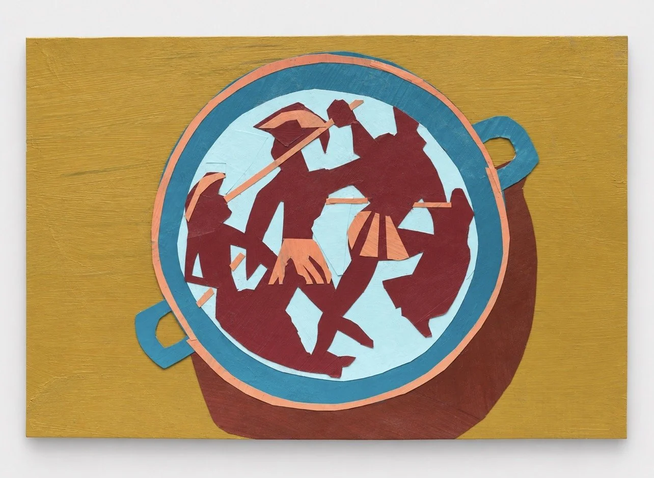 Looking at a terracotta kylix (eye-cup).
 Painted paper collage, 4 × 6 in