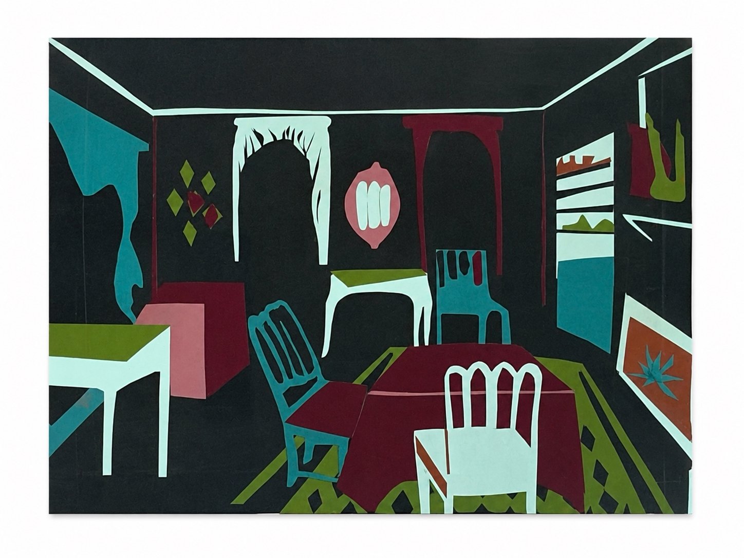 Looking at Governor's Mansion Dining Room I. Painted paper collage, 9 × 12 in