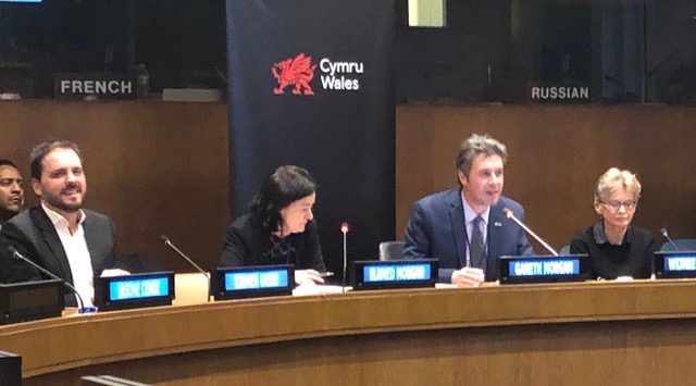 Panels members from left to right, Representative of the Basque language, Minister Baroness Eluned Morgan, head of the Welsh Government in the USA Gareth Morgan, and the representative of the Dutch language.