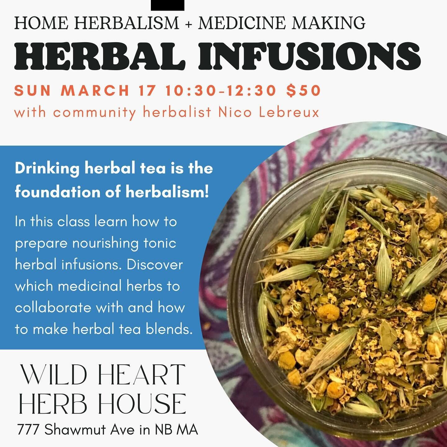 Learn everything you need to know about herbal infusions, a.k.a. herbal tea, this Sunday with me at Wild Heart Herb House!

Drinking herbal tea is the foundation of Herbalism and a skill that everyone can learn! 

in this class we will discuss how to