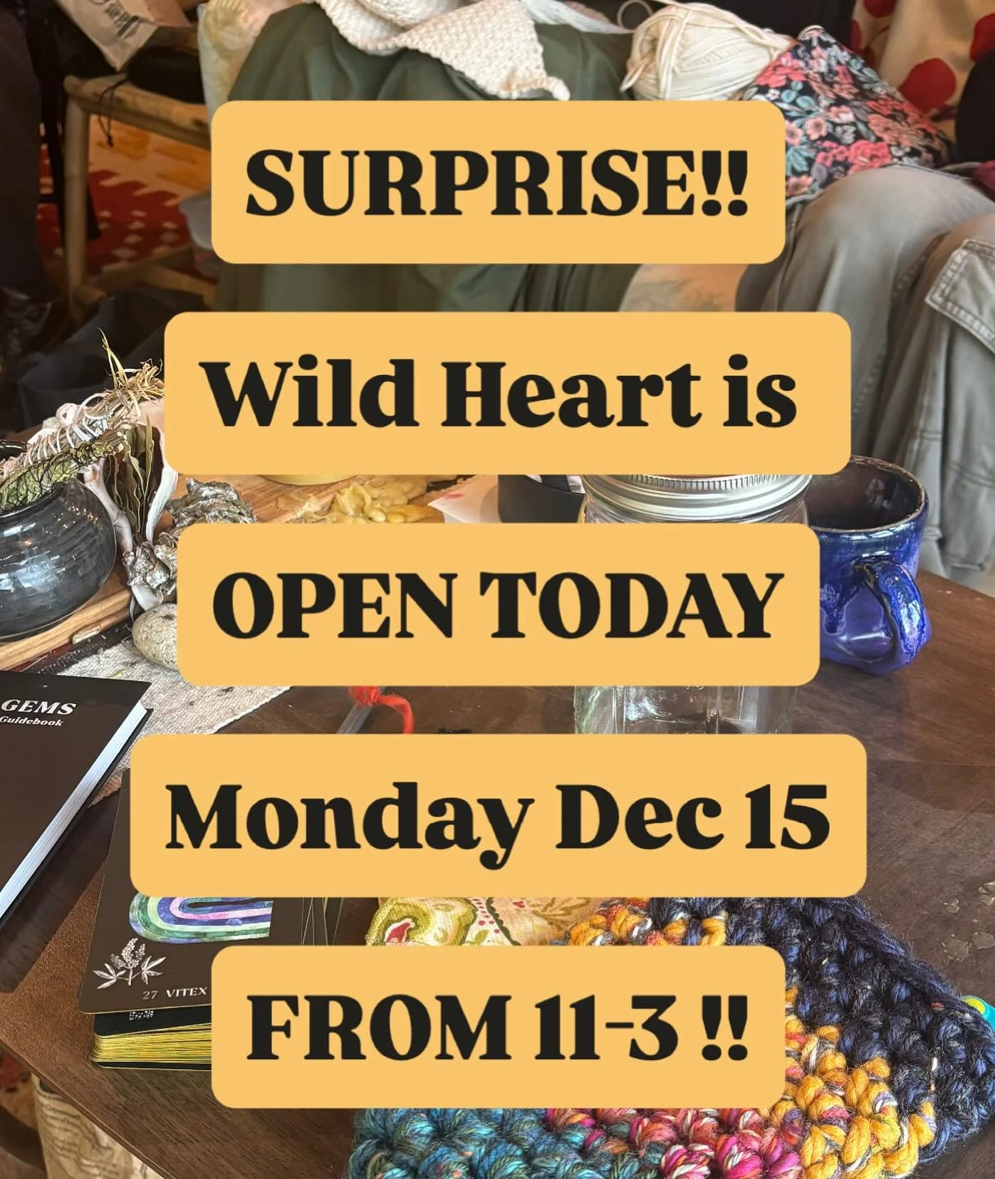 For those of you who work on the weekends or just have Mondays off, come visit Wild Heart today!

Special holiday hours, open today Monday December 15 from 11 to 3

#wildheartherbhouse #herbalapothecary #newbedfordma #newbedfordmass #communityherbali