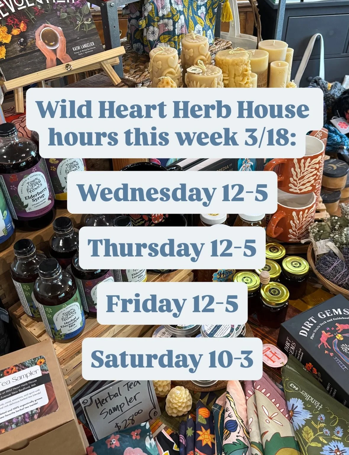 Come visit your fav local herb shop!

The gardens are beginning to bloom and our shelves are fully stocked with herbal remedies for this seasonal transition!

We are open Wednesday, Thursday, and Friday from 12 to 5 and Saturday from 10 to 3.

Hope t