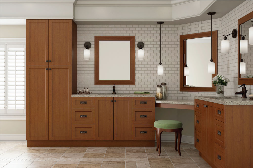 wood shaker cabinets with subway tile wall