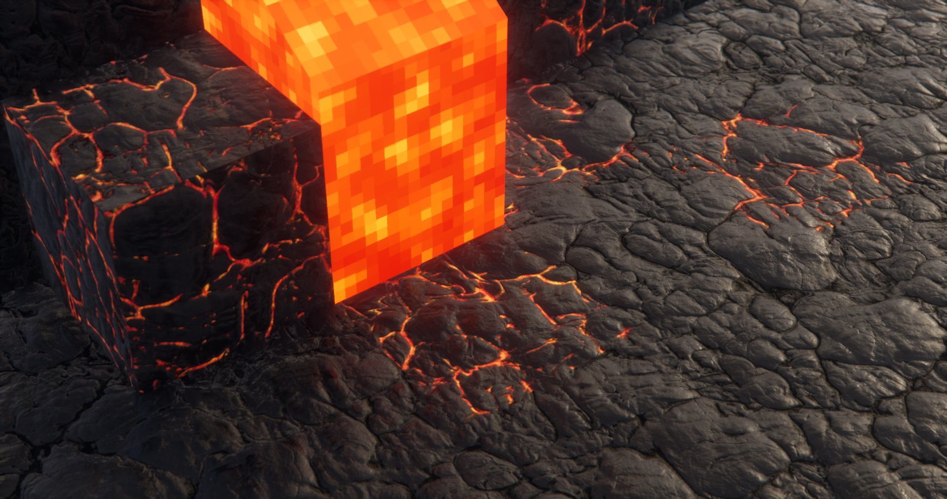 Close-up of digital magma block and lava on volcanic terrain.