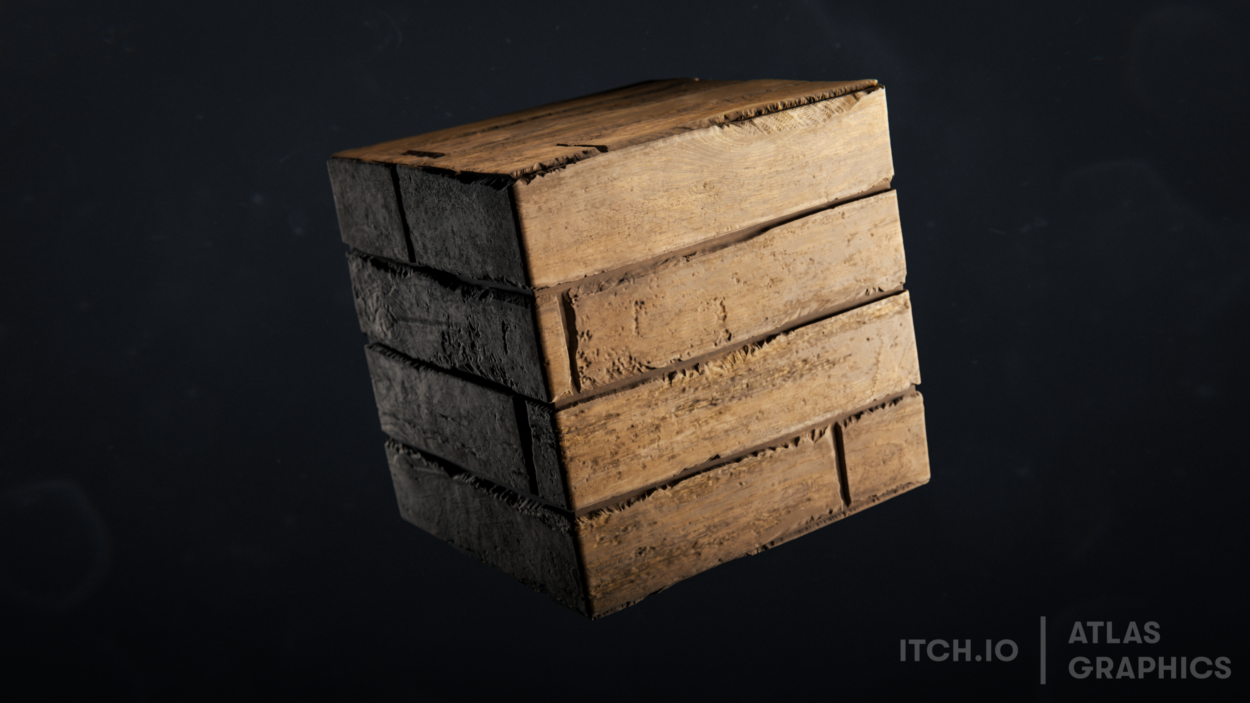A 3D rendering of a wooden cube made of bricks on a black background, with some bricks in shadow and some illuminated.