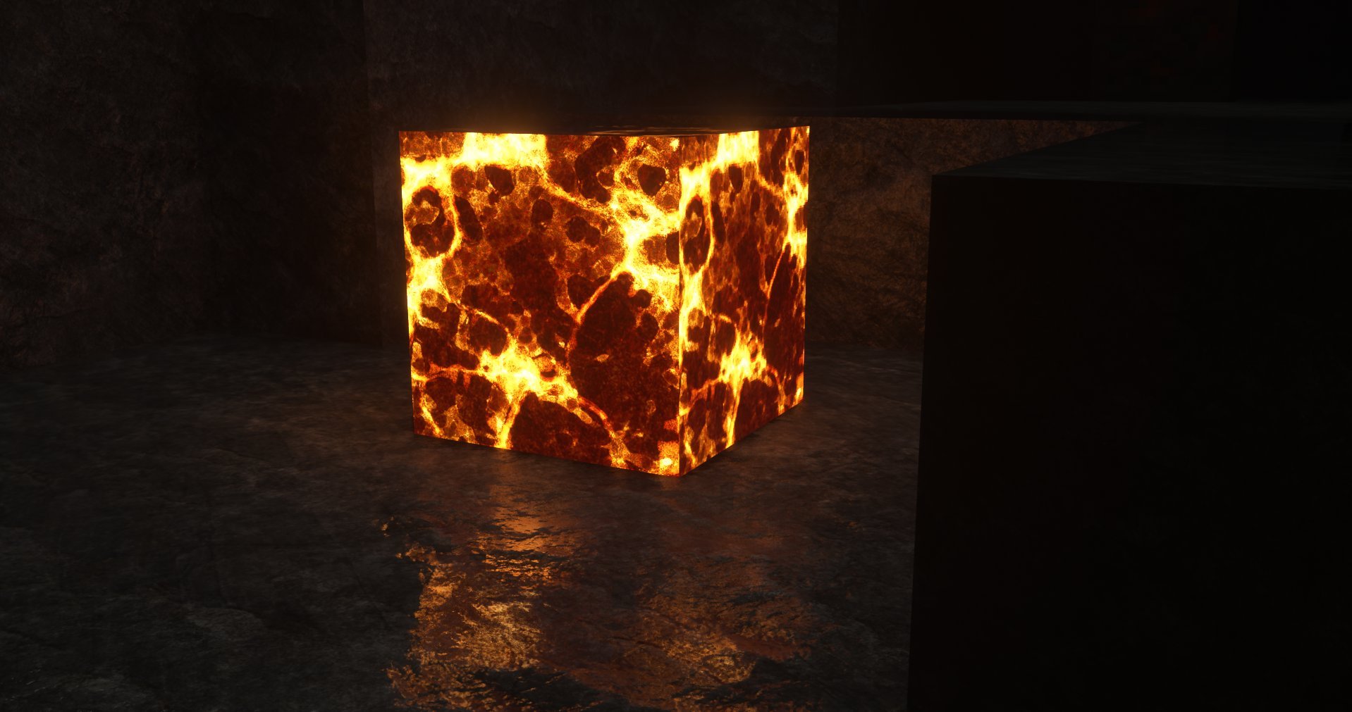 A glowing, fiery cube with an orange and red lava-like surface on a dark floor in a dimly lit room.