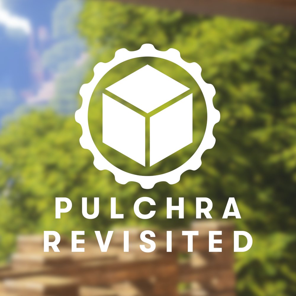 Logo of Pulchra Revisited with a geometric cube enclosed in a gear shape, against a blurred green outdoor background.