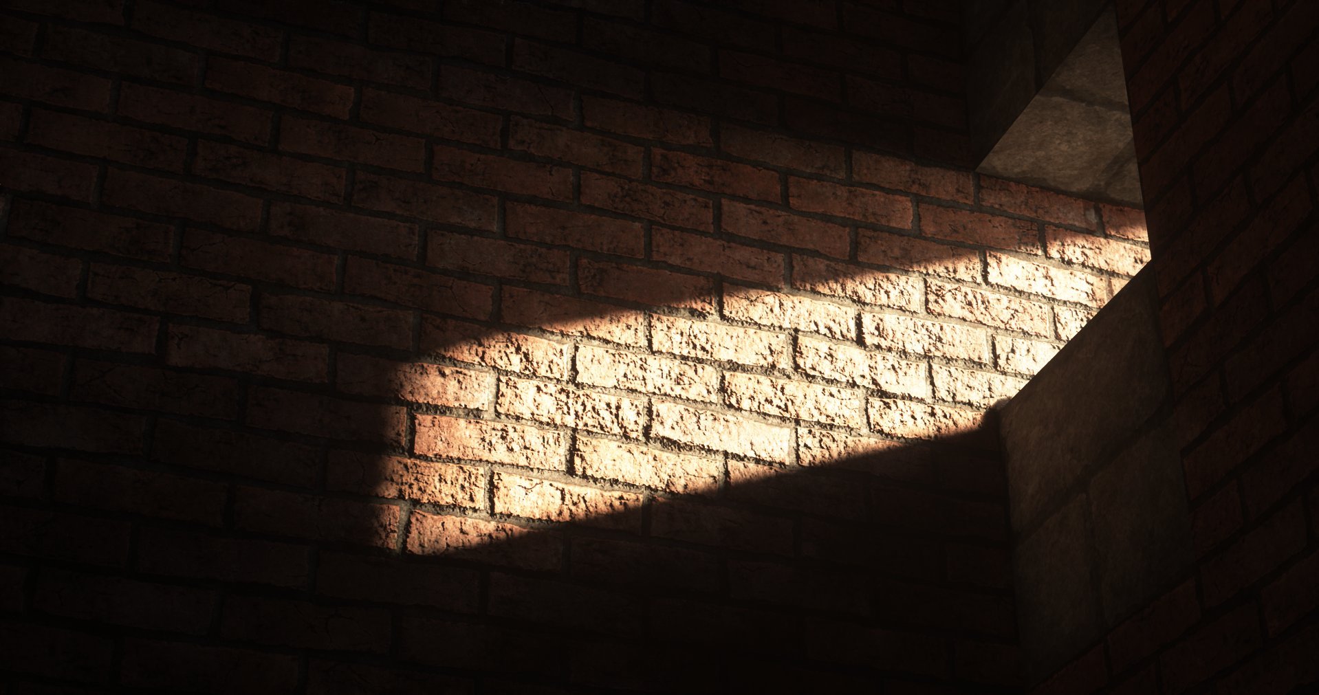 Sunlight casting a diagonal beam onto a brick wall, creating a patch of light and shadow.