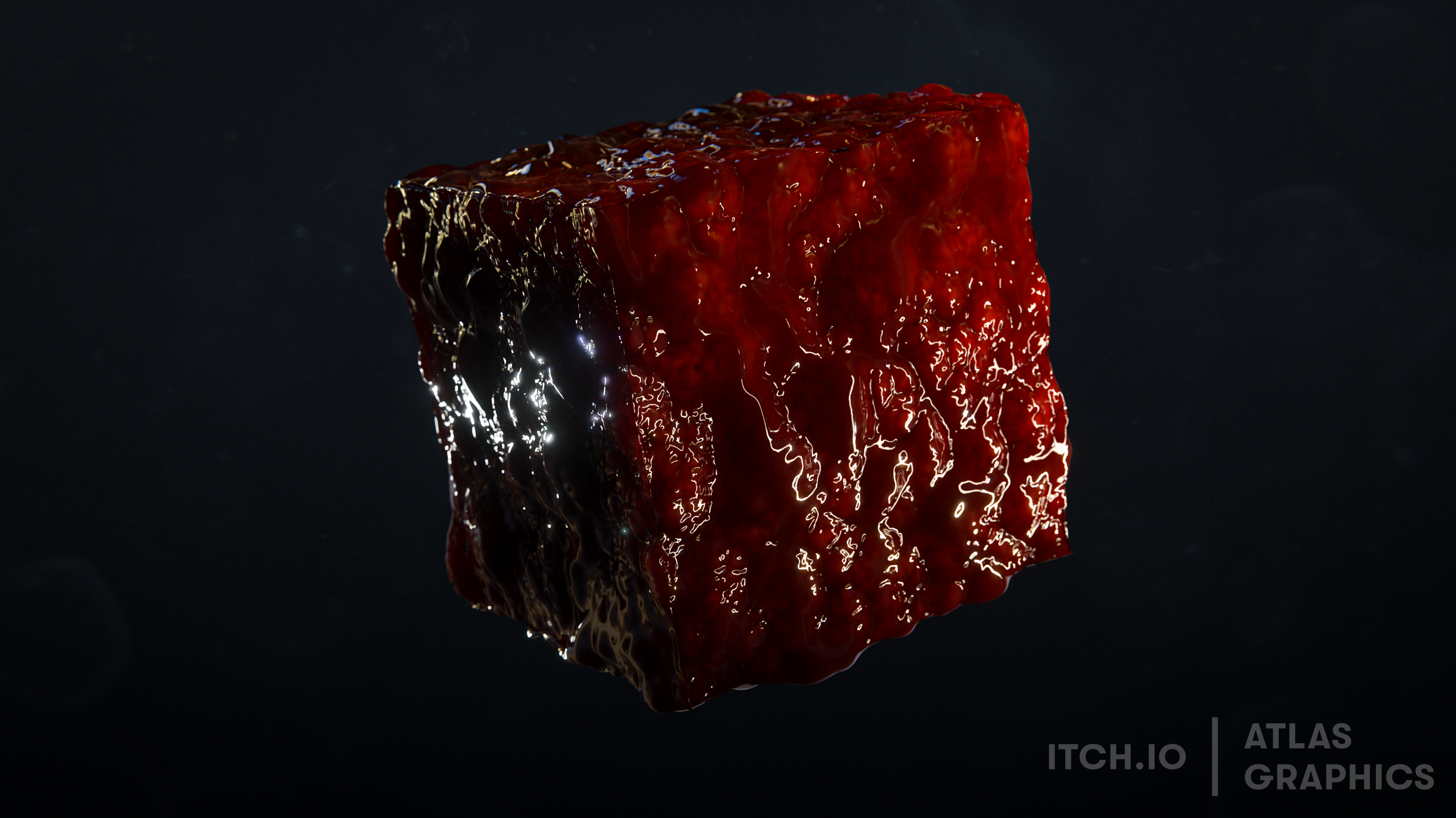 A 3D rendering of a red, textured cube with wet surface, floating against a black background.