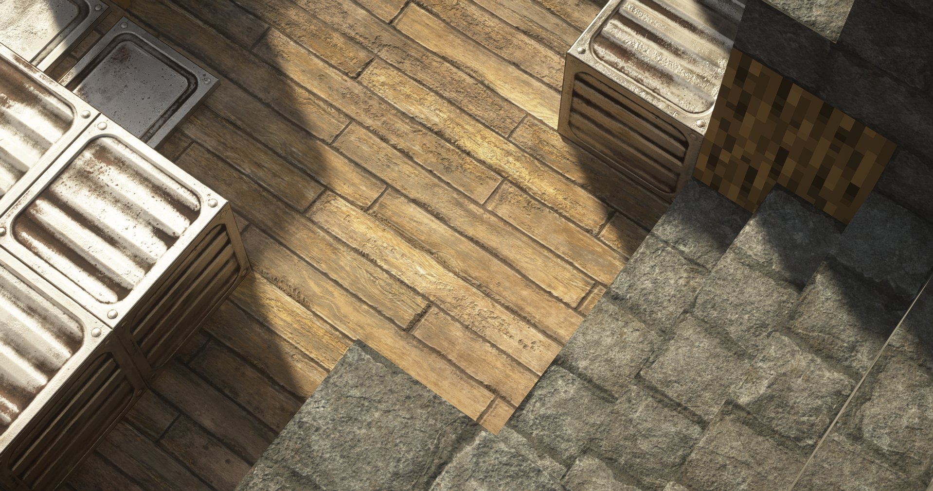 Top-down view of a floor with mismatched tile patterns, including wood plank and stone tiles, and some metallic vents or decorative objects.