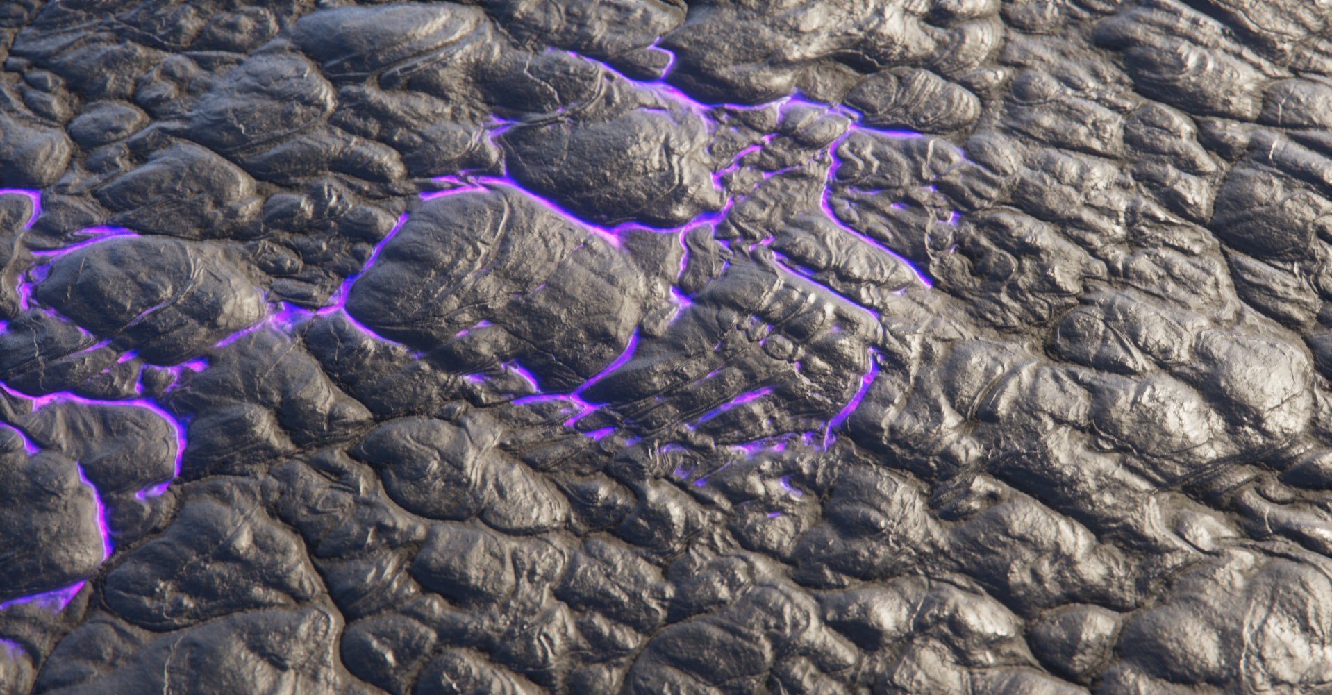 A close-up of volcanic rocks with glowing purple fissures between the cracks.