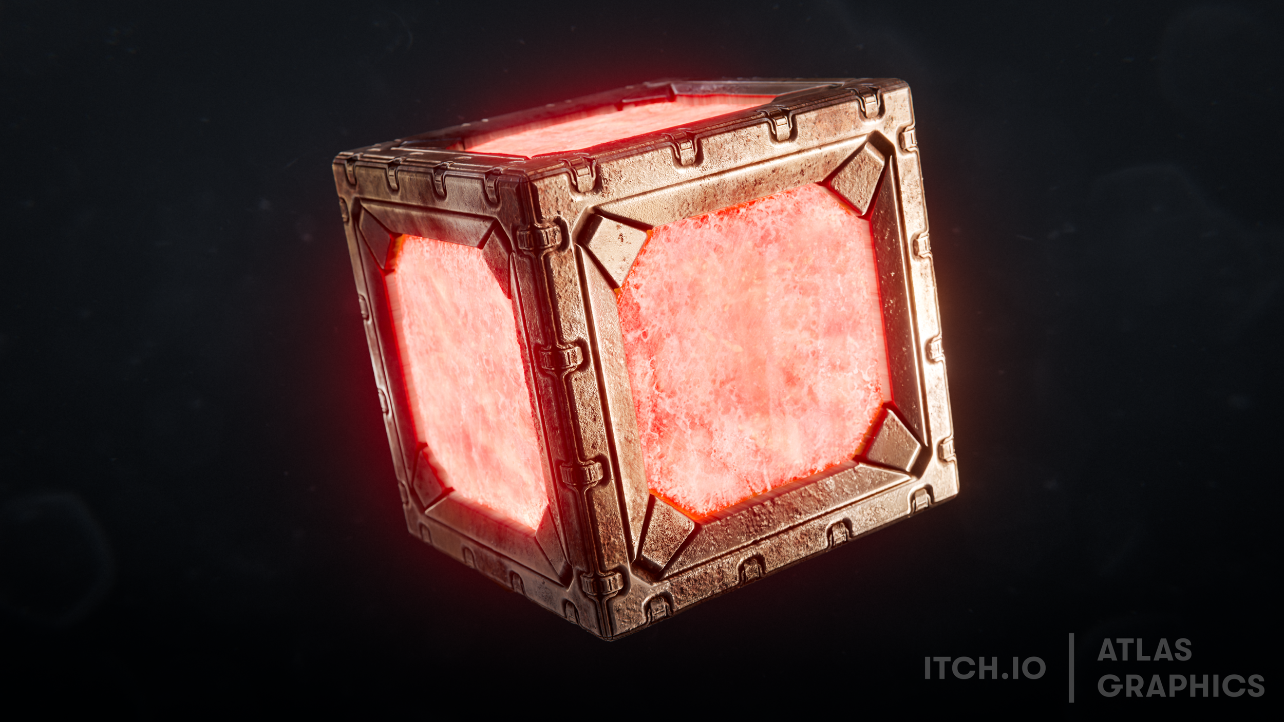 A glowing red, illuminated cube with a metallic frame, emitting a soft red light against a dark background.