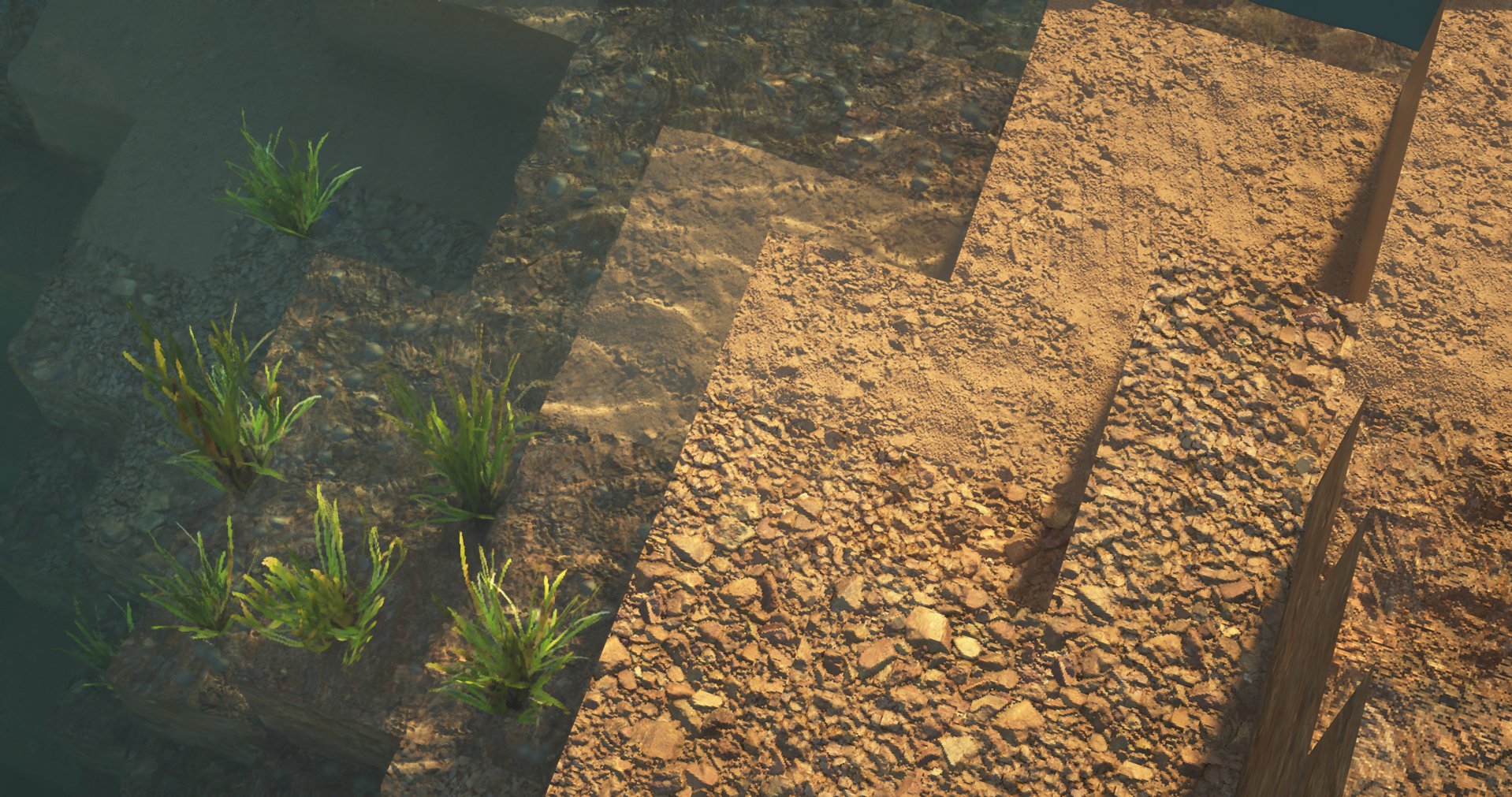 Close-up of different textured soil and rock surfaces, with some patches of green grass growing on one of them.