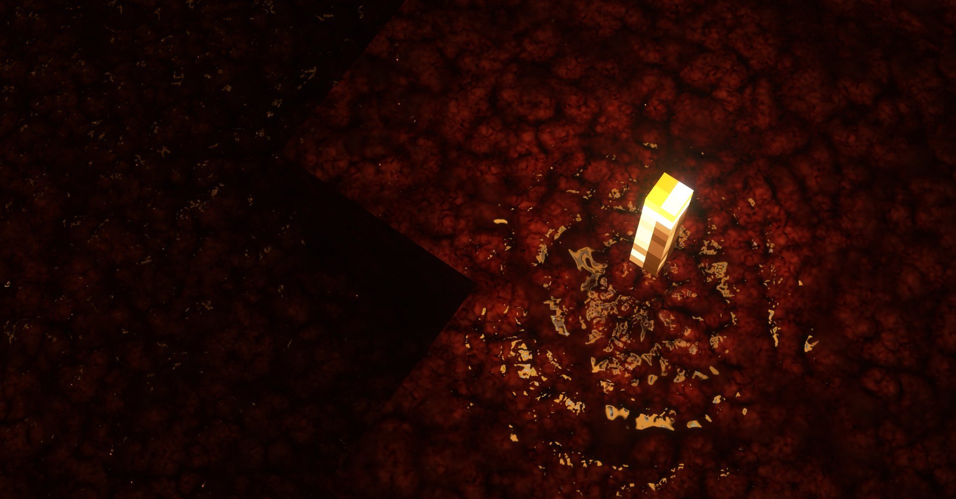 Minecraft scene showing a glowing torch on a bed of red, lava-like blocks with a black structure nearby.