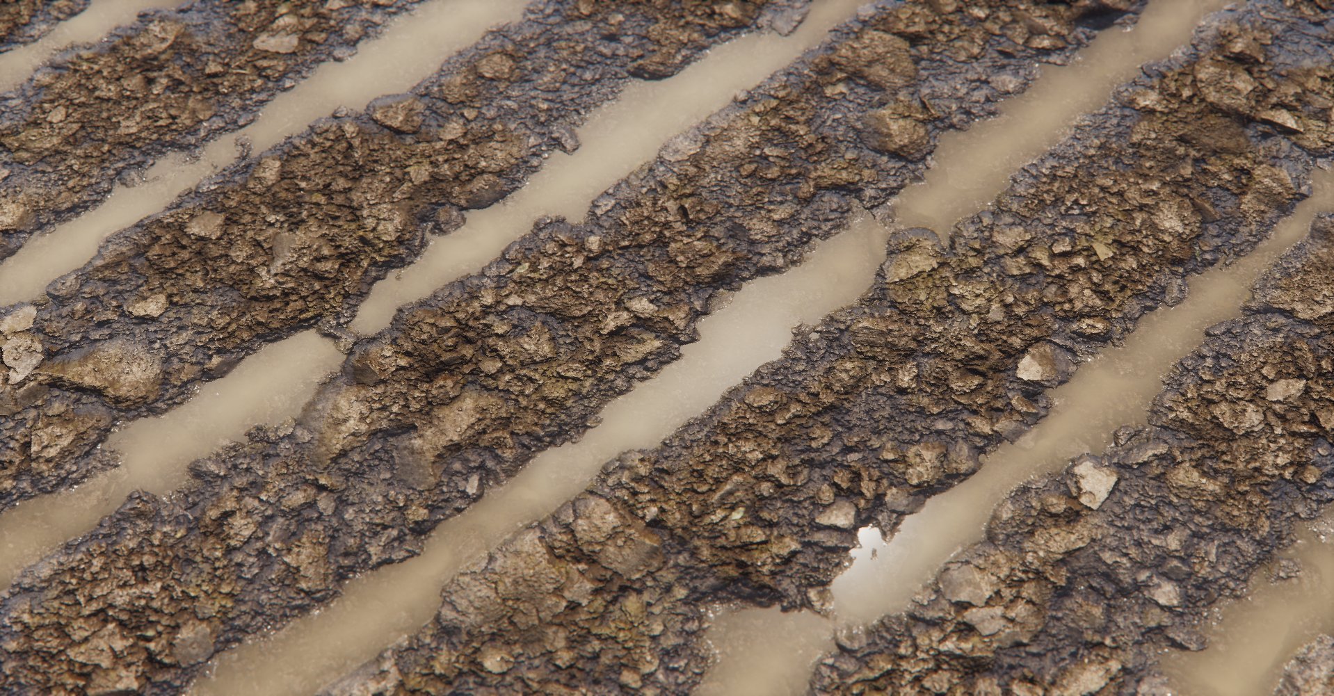Close-up view of muddy soil with parallel rows of tilled earth and water-filled furrows