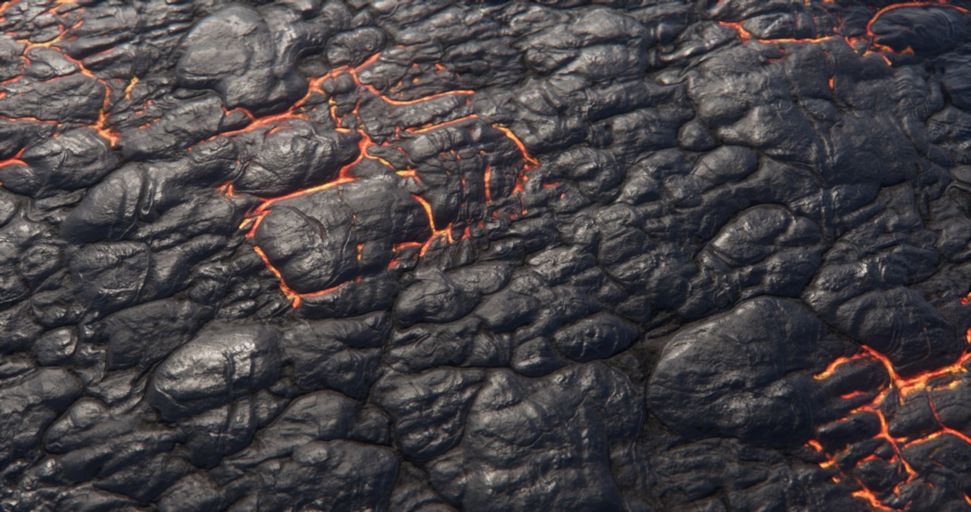Close-up of erupting lava with glowing orange cracks on dark, solidified lava surface.