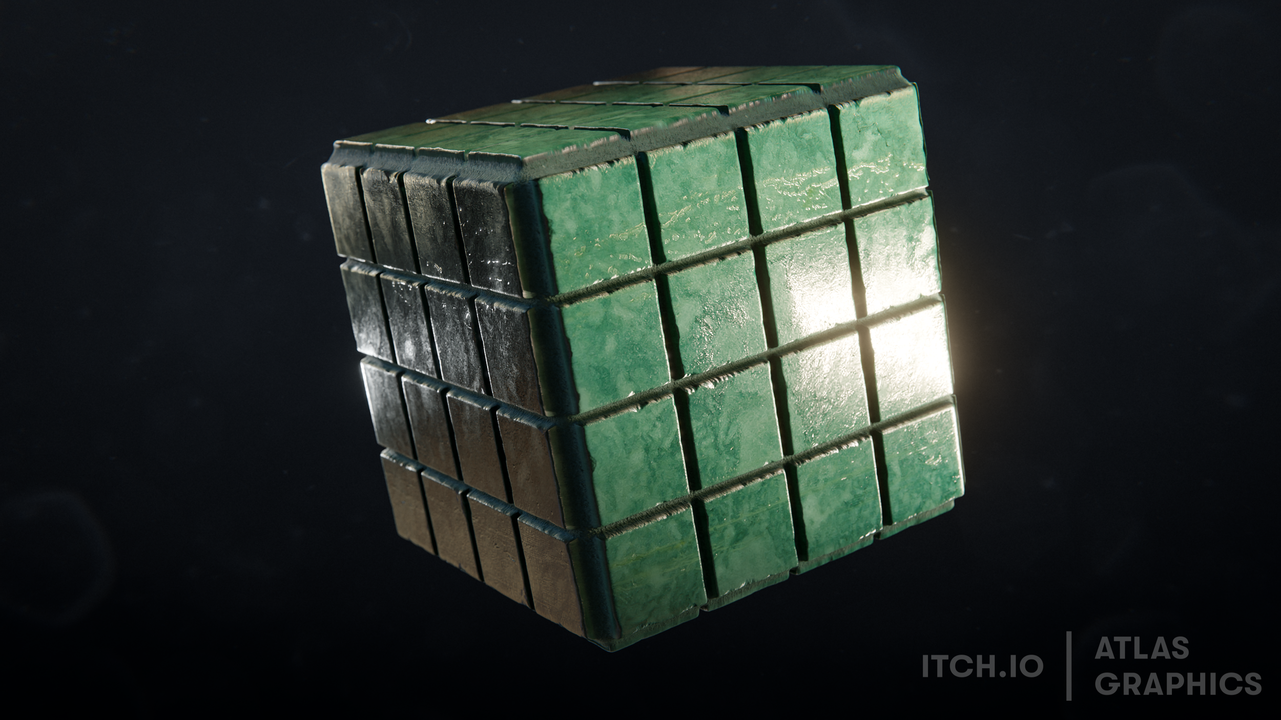 A 3D-rendered image of a Rubik's Cube with a combination of green, black, and metallic-colored squares, illuminated from the right side on a dark reflective surface.