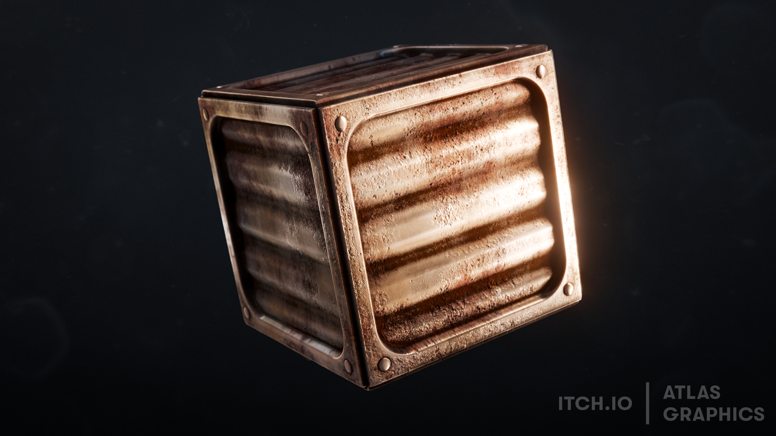 A 3D rendering of a rusted, metallic, cubic object with a ribbed surface, floating in space with a dark background.