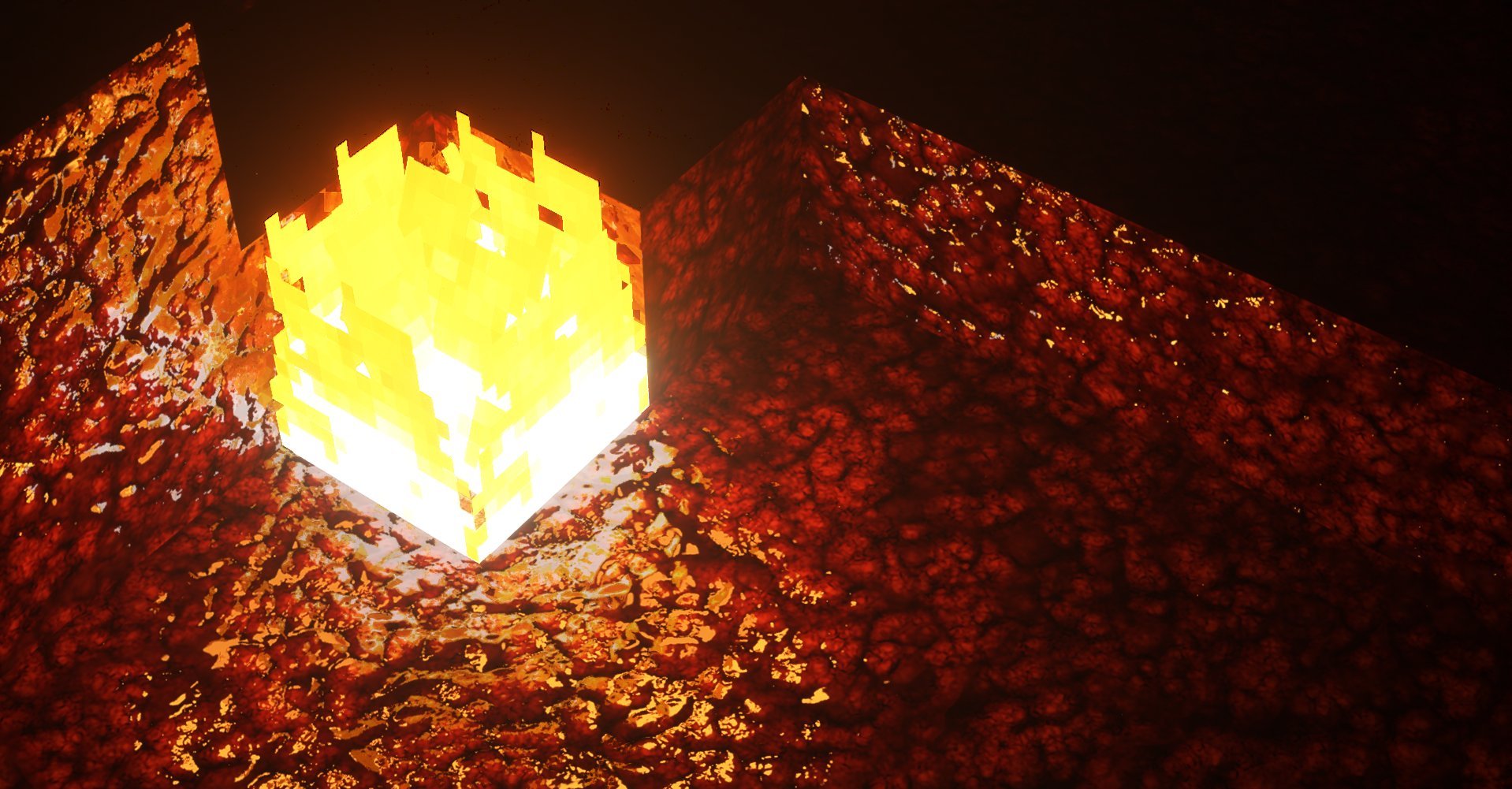A glowing block of fire inside a luminous, pixelated Minecraft-style lava pit.