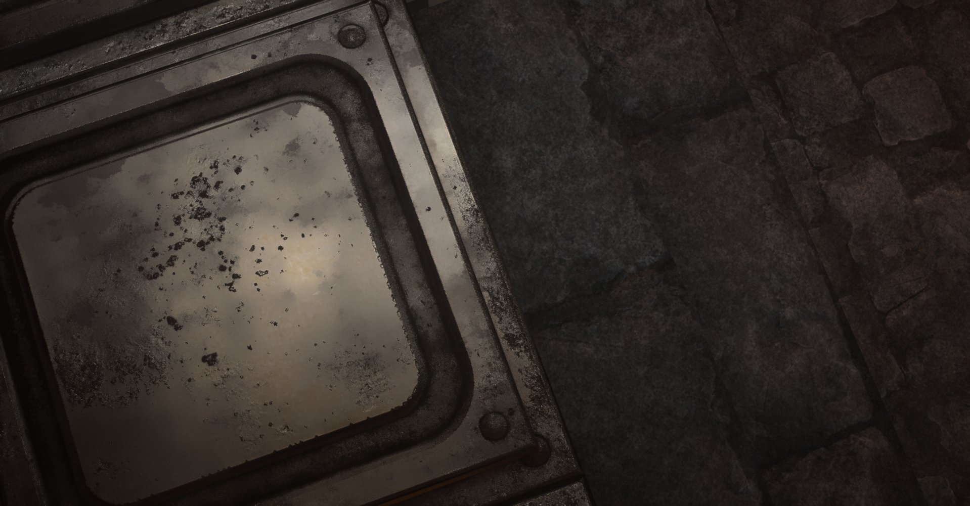 A dirty, rusty metal door with a glass window, stained with grime and dirt, next to a brick wall.