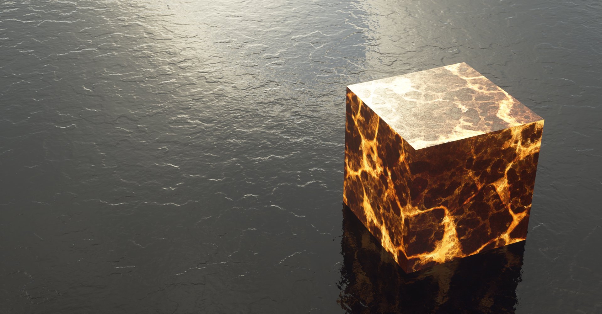 A cube with a fiery, lava-like pattern on a reflective black surface.