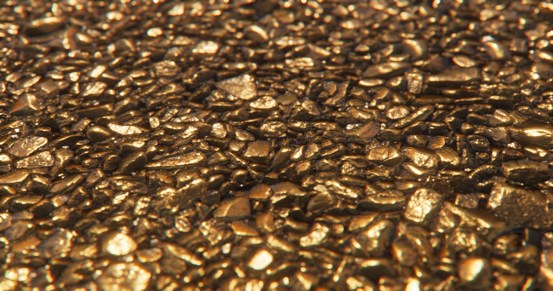 Close-up of small, irregularly shaped metallic gold or bronze stones reflecting light.