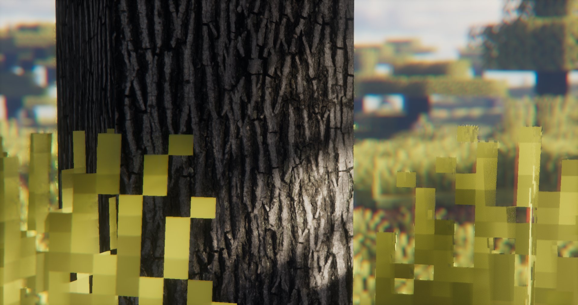 Close-up of a tree trunk with digital distortion effects around it, including pixelated yellow blocks and a blurred background of greenery and sky.