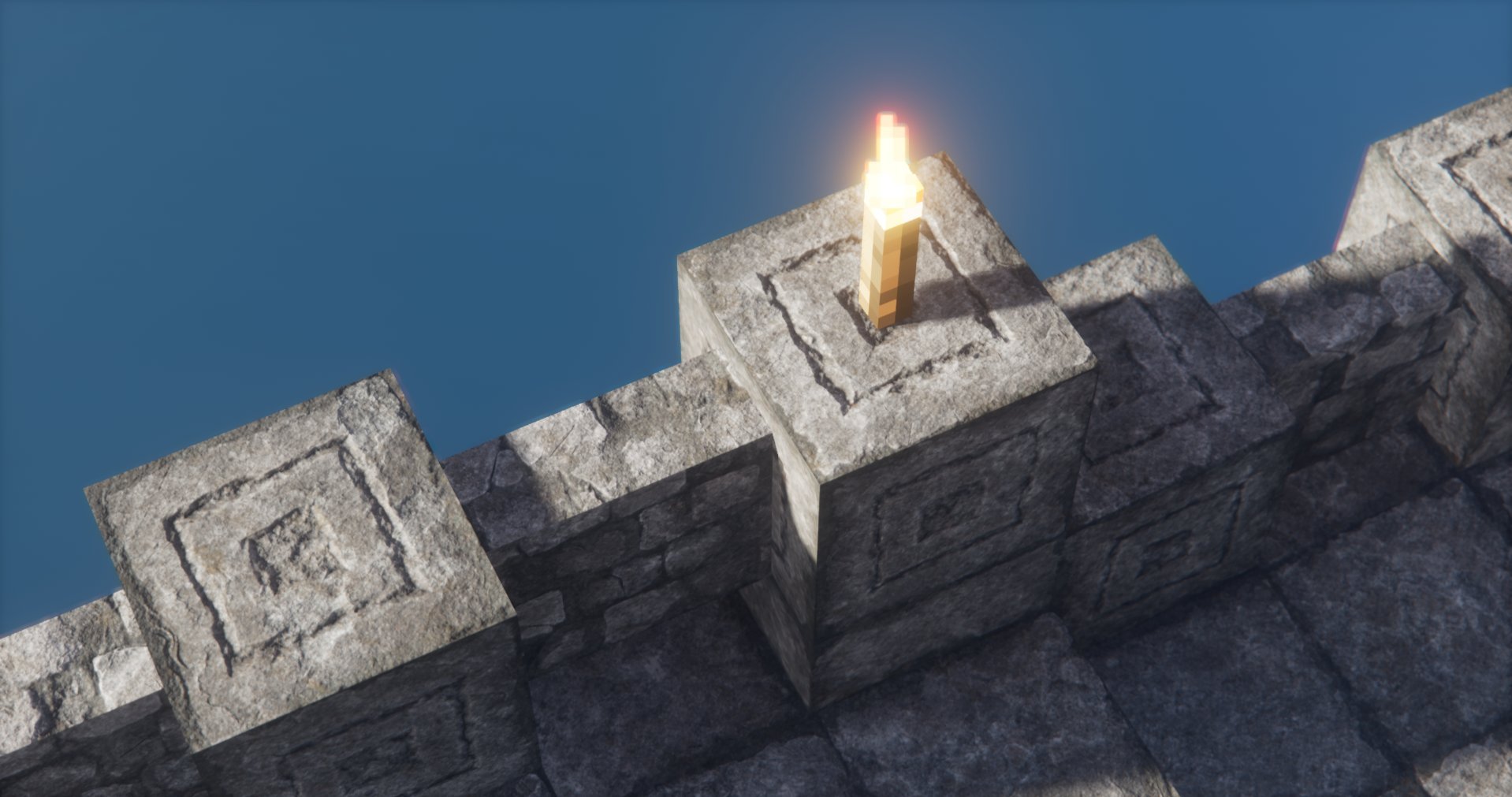 Pixelated torch on top of stone castle wall at night.
