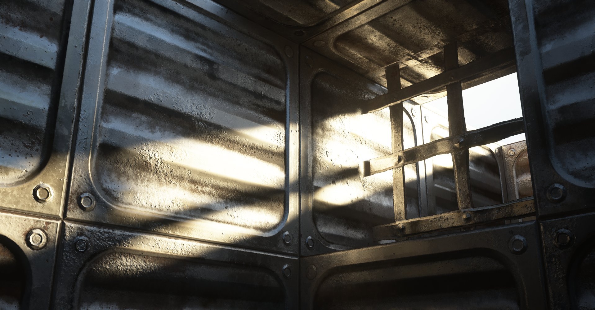 Interior of a metallic oven or microwave with light coming through, showing metal racks and surface, some rust and grime present.
