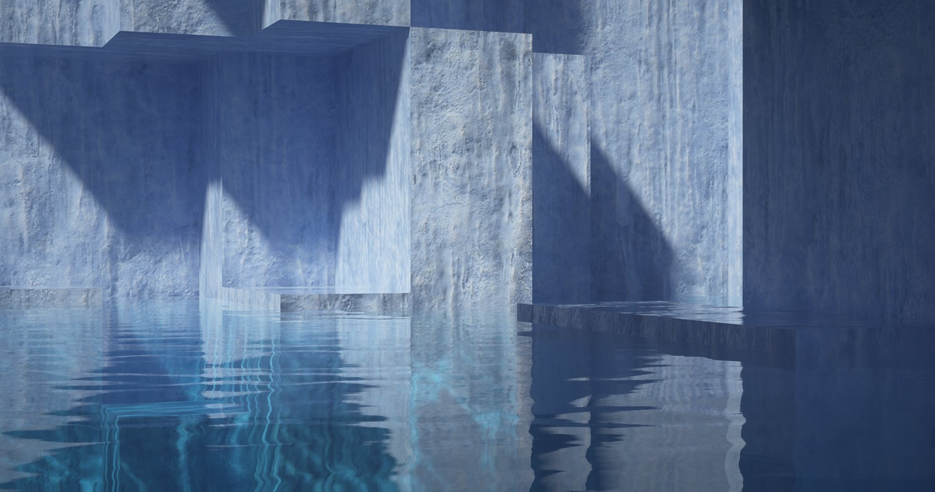 Abstract architectural scene with blue textured concrete walls, overhanging structures, and water reflections.