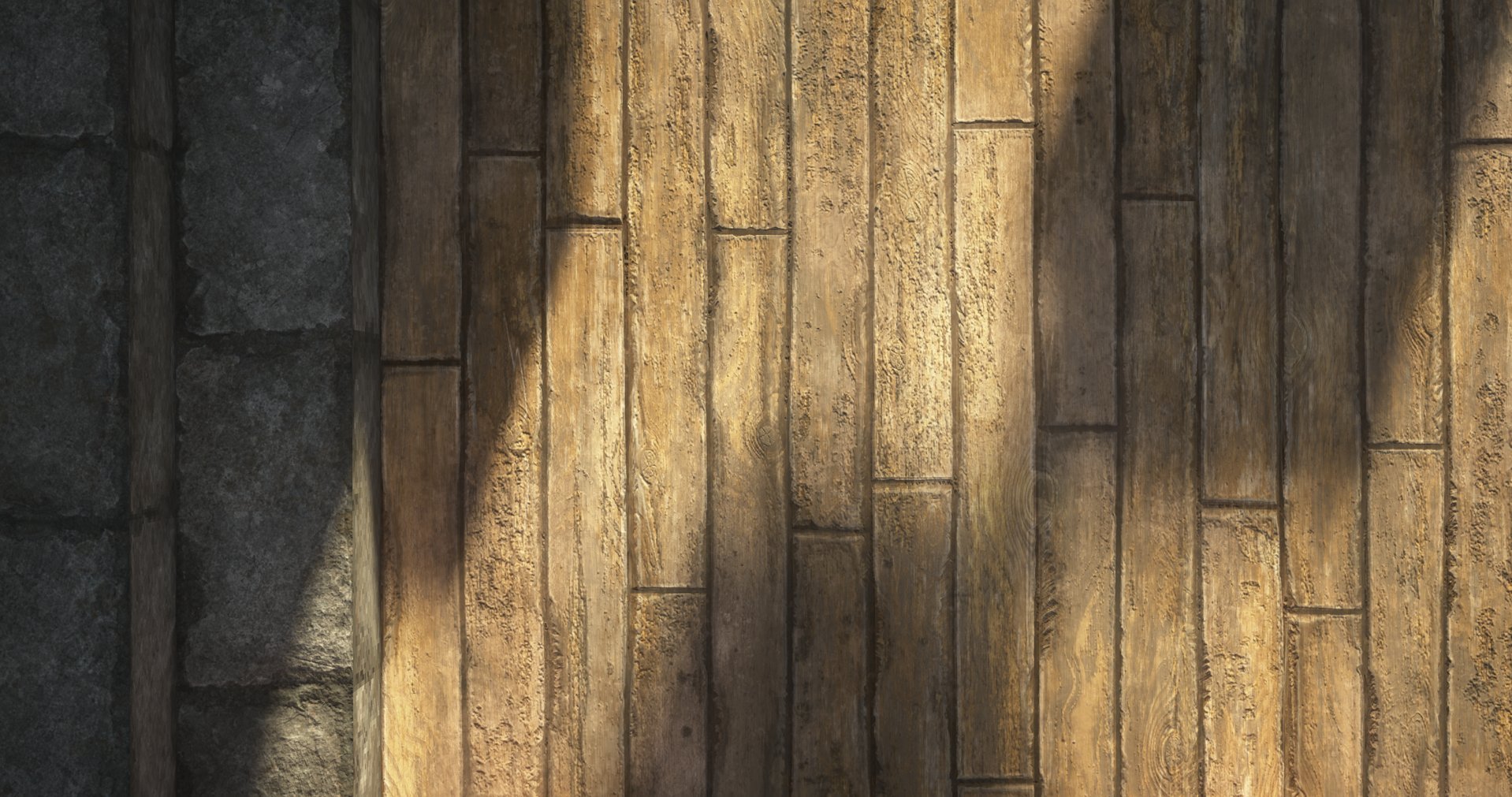 Close-up of wooden and stone wall with warm lighting.