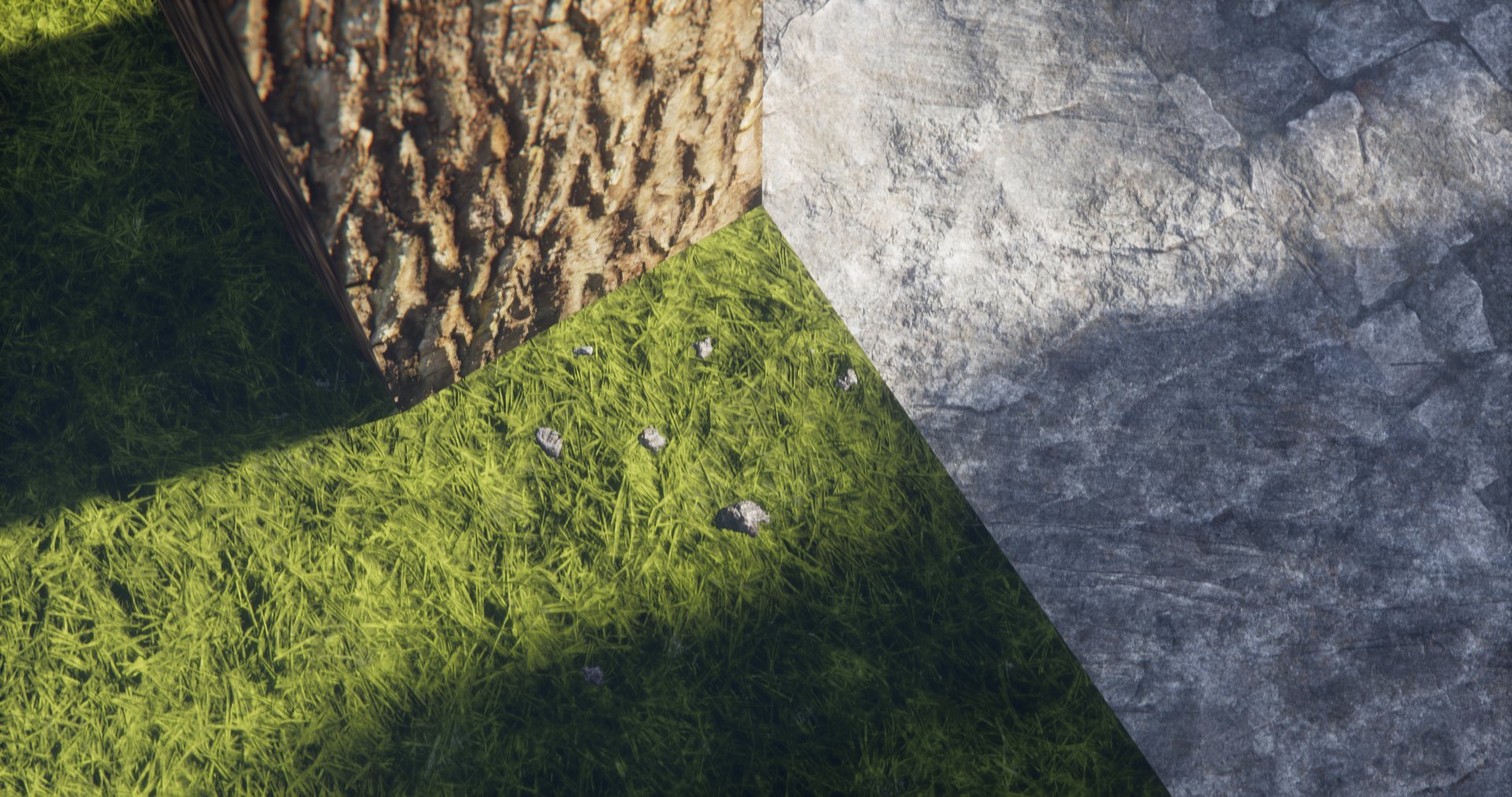Close-up of three different ground textures: a tree trunk, grass with small rocks, and a stone surface.