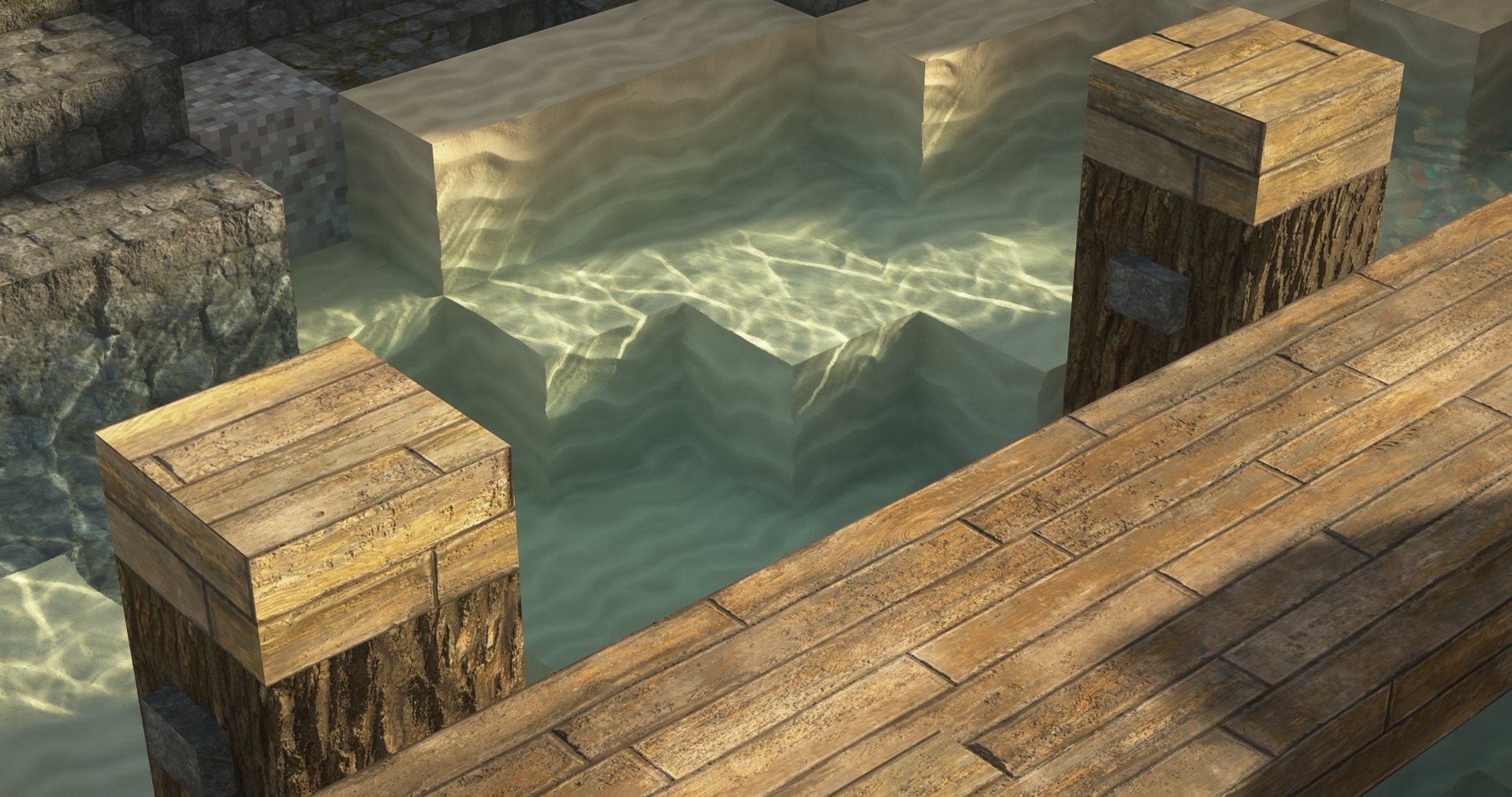 A cross-section of a wooden bridge or platform over water, showing darker wooden pillars supporting the structure, with stone and concrete blocks near the water's edge, and water with reflections underneath.