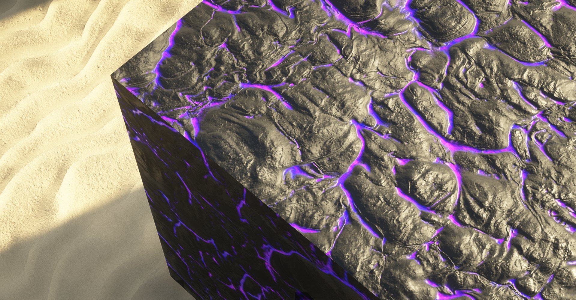 A black stone surface with glowing purple cracks, placed on a sandy surface.