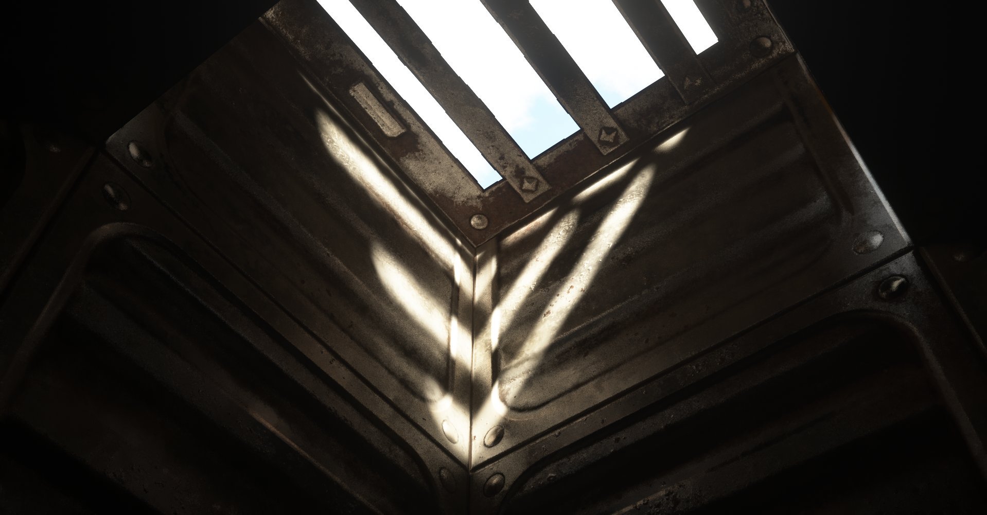 Looking up at a metallic industrial structure with ventilation slats, illuminated by sunlight through a rectangular opening.