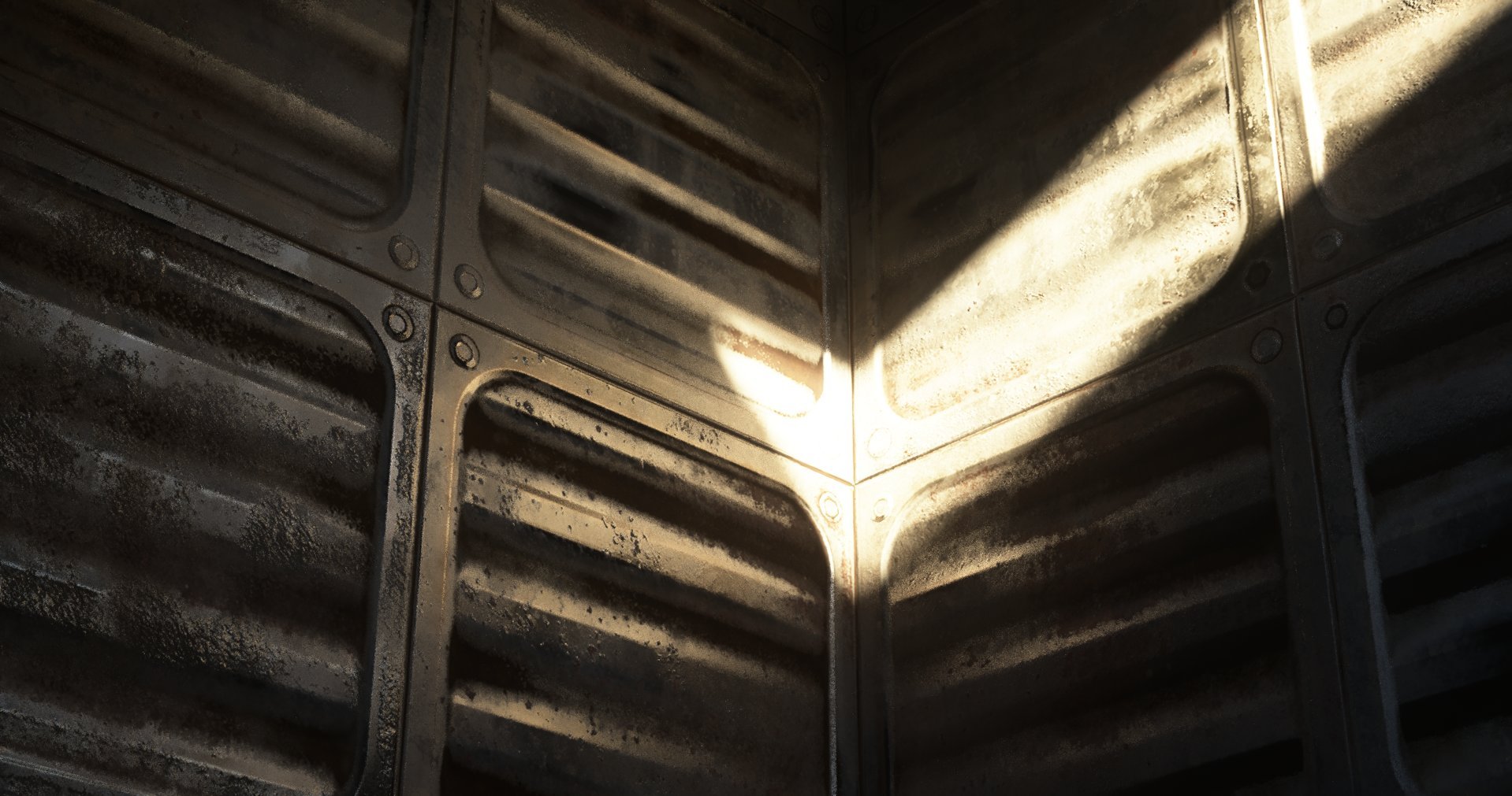 Close-up of metal baking racks with rust and dirt, corner of racks illuminated by a bright light.